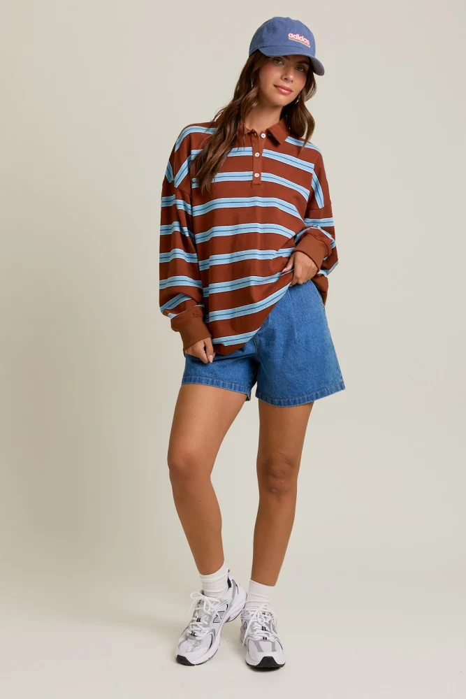 Brown Striped Oversized Long Sleeve Polo Top - Image 5