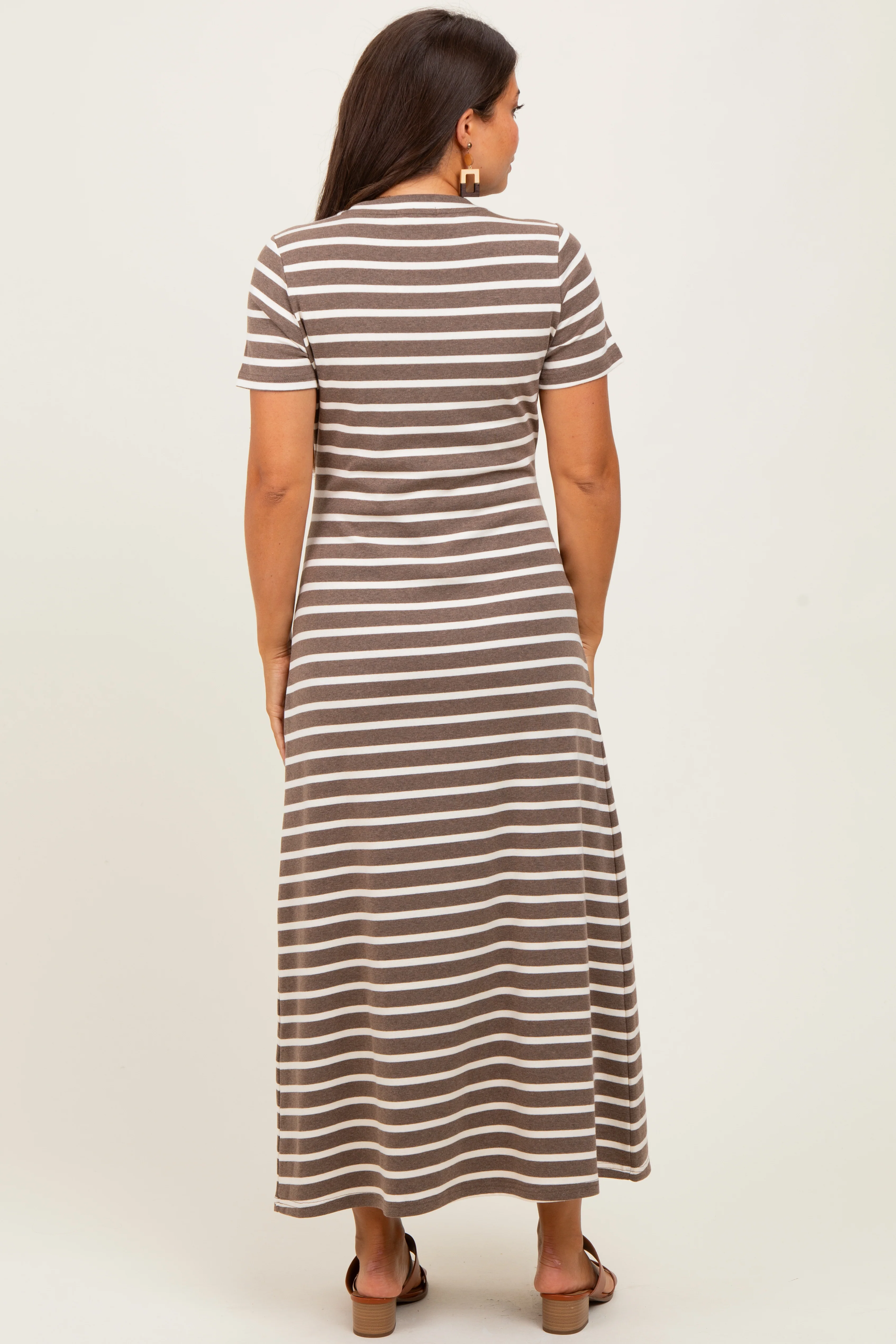 Brown Striped Short Sleeve Maternity Midi Dress - Image 3