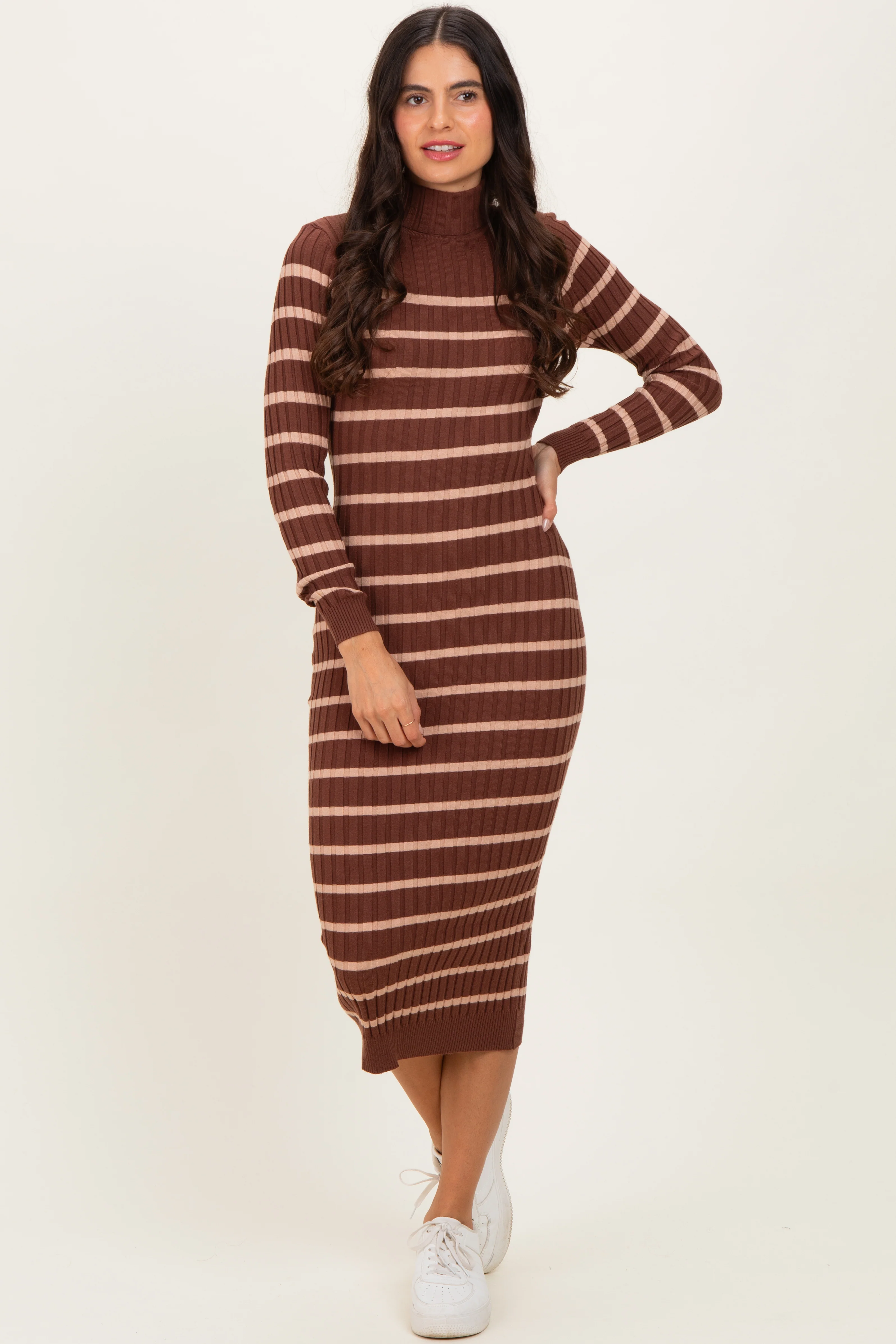 Brown Striped Turtleneck Midi Sweater Dress - Image 2