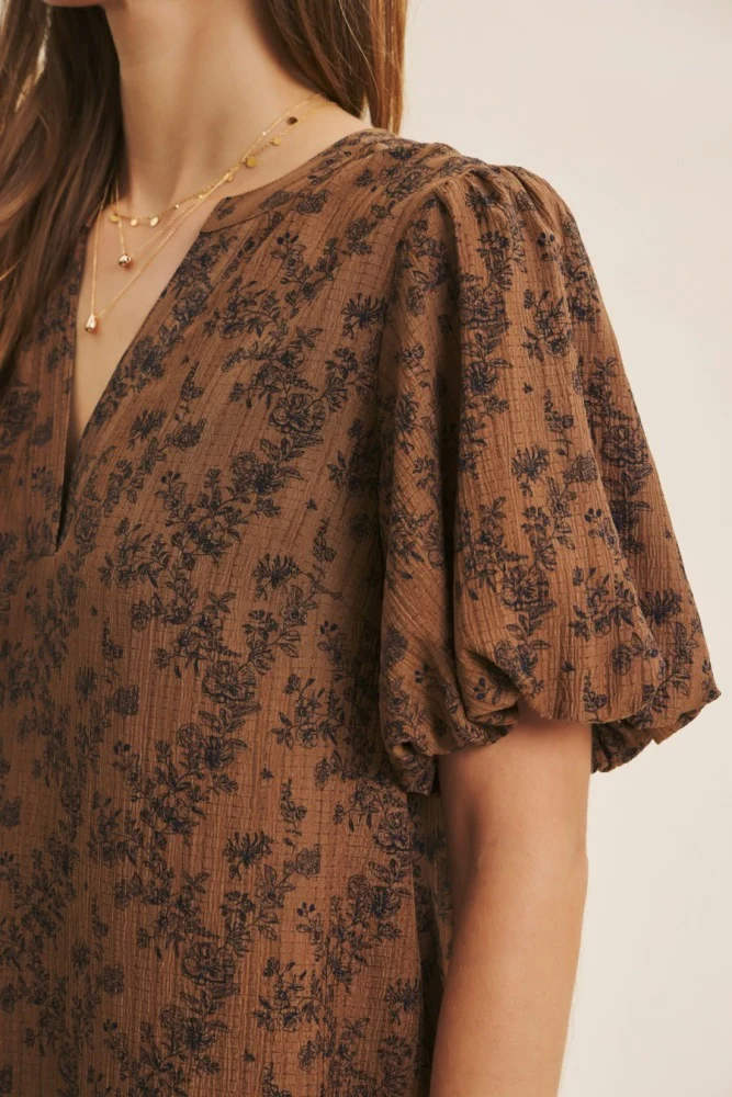 Brown Textured Floral Bubble Sleeve A-Line Mini Dress - Image 5