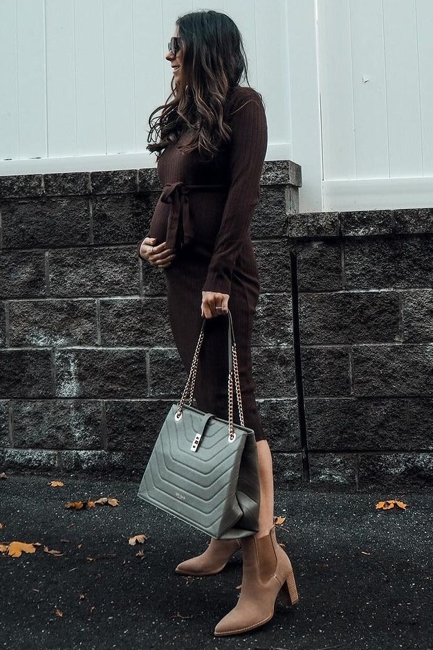 Brown Tie Front Maternity Sweater Midi Dress - Image 5
