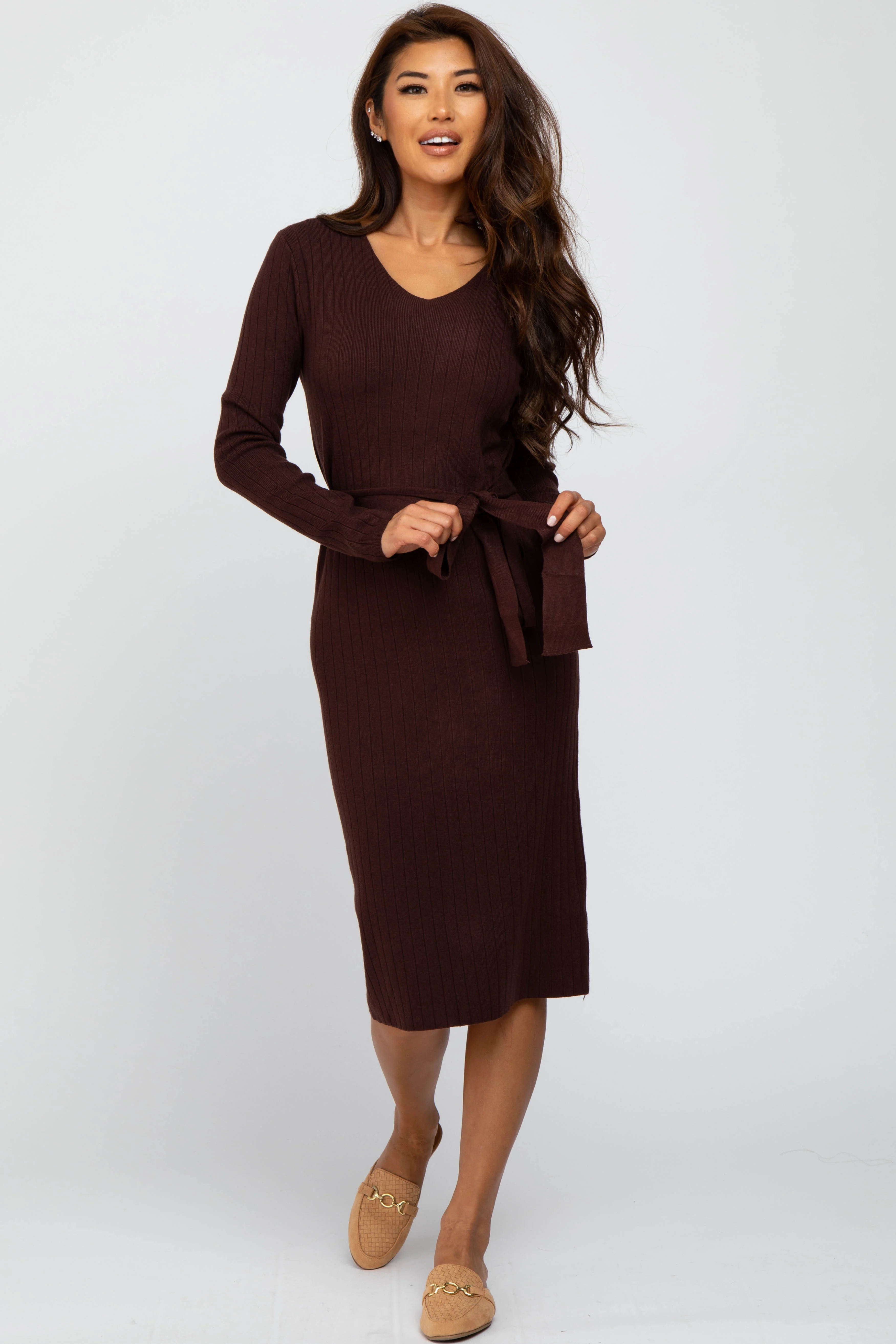 Brown Tie Front Maternity Sweater Midi Dress - Image 8