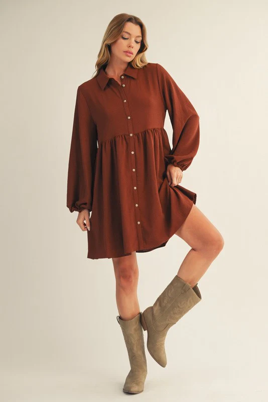 Brown Tiered Back Detail Button Down Dress - Image 4