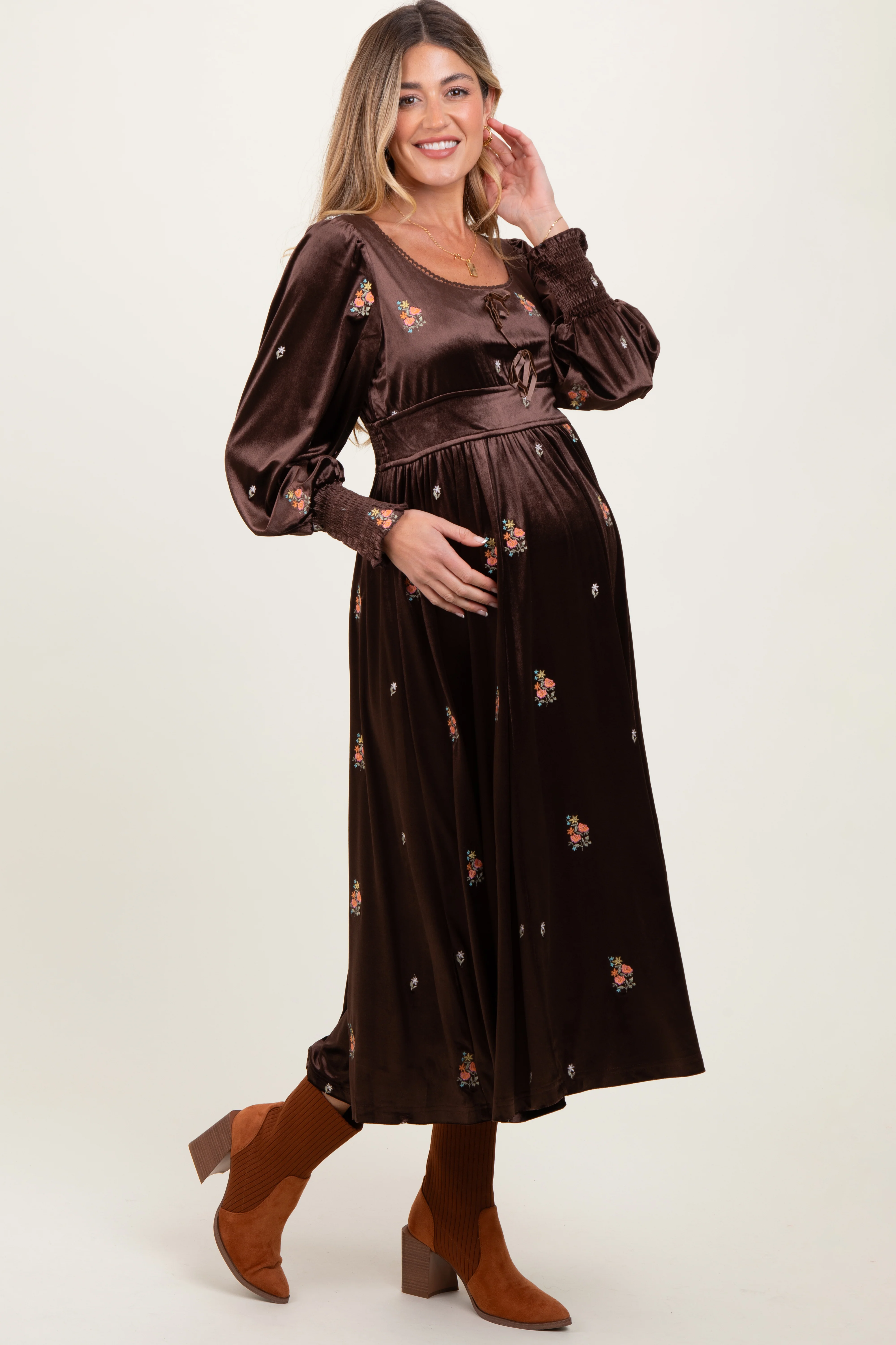 Brown Velvet Embroidered Floral Maternity Midi Dress - Image 3