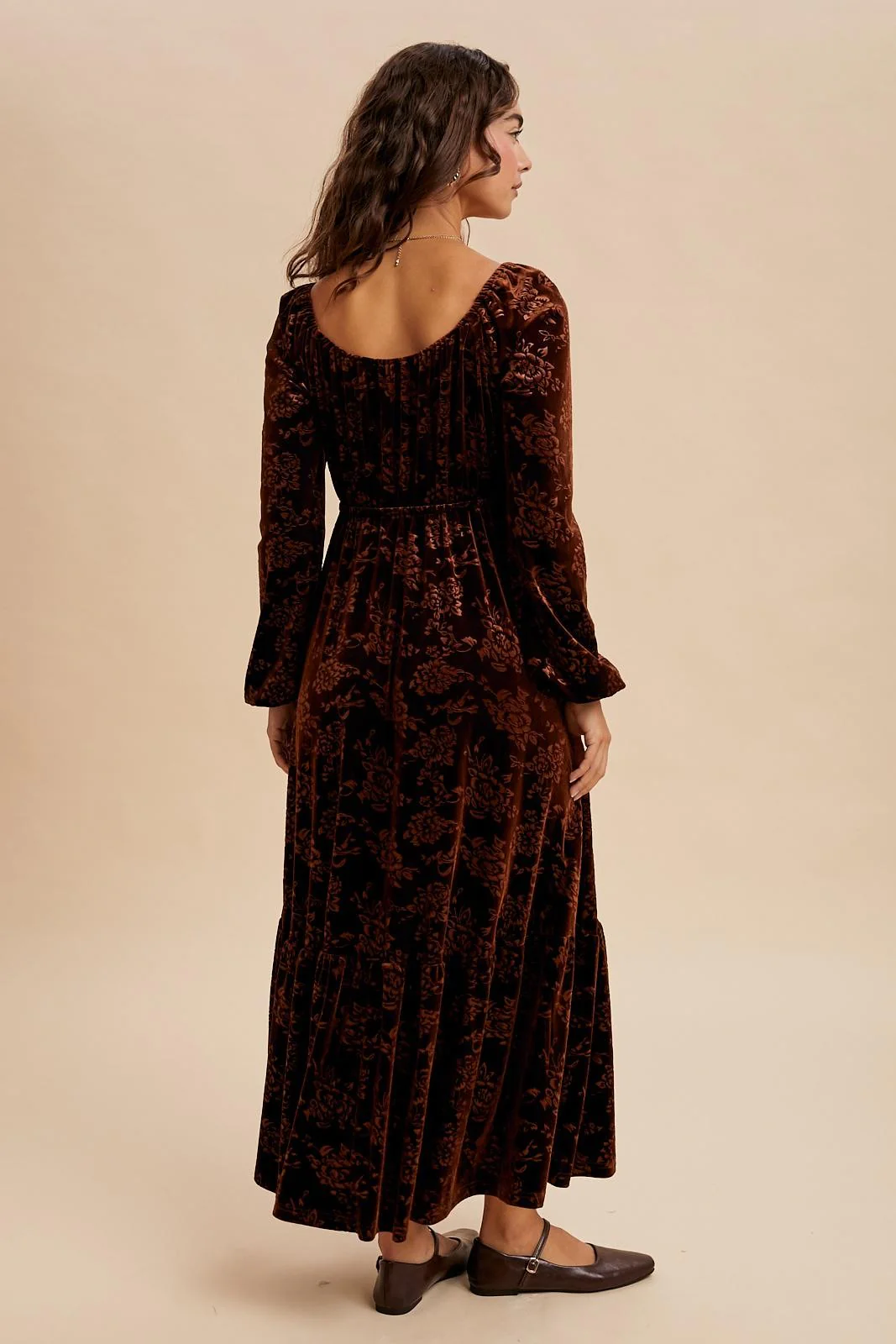 Brown Velvet Jacquard Floral Maxi Dress - Image 5