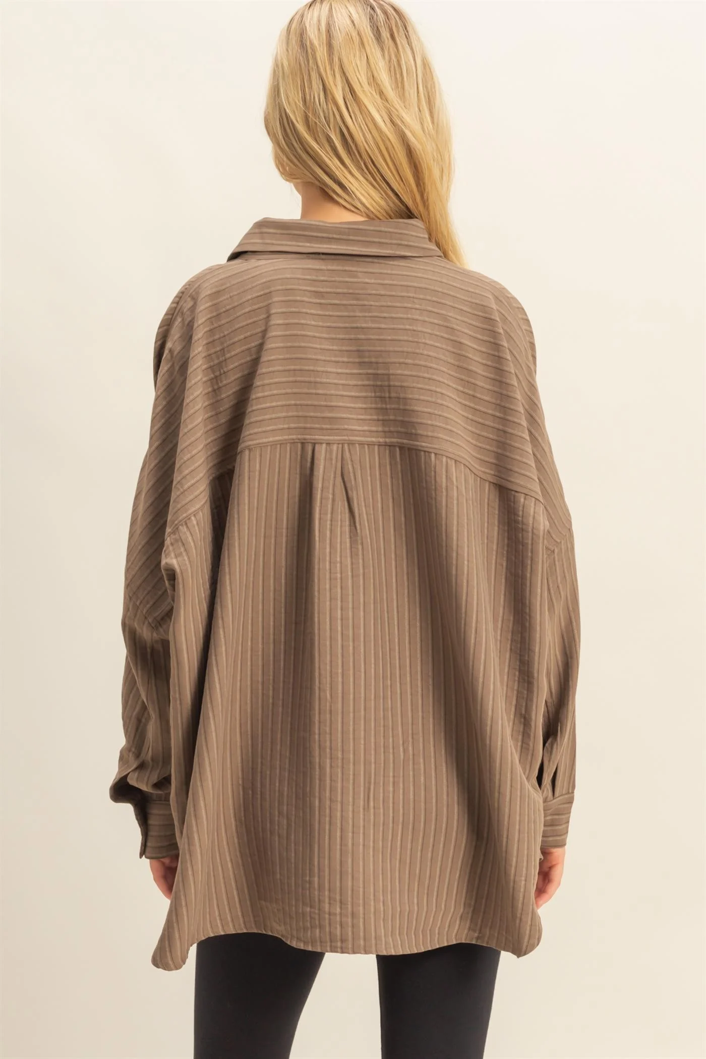Brown Vertical Stripe Button-Down Oversized Shirt - Image 3
