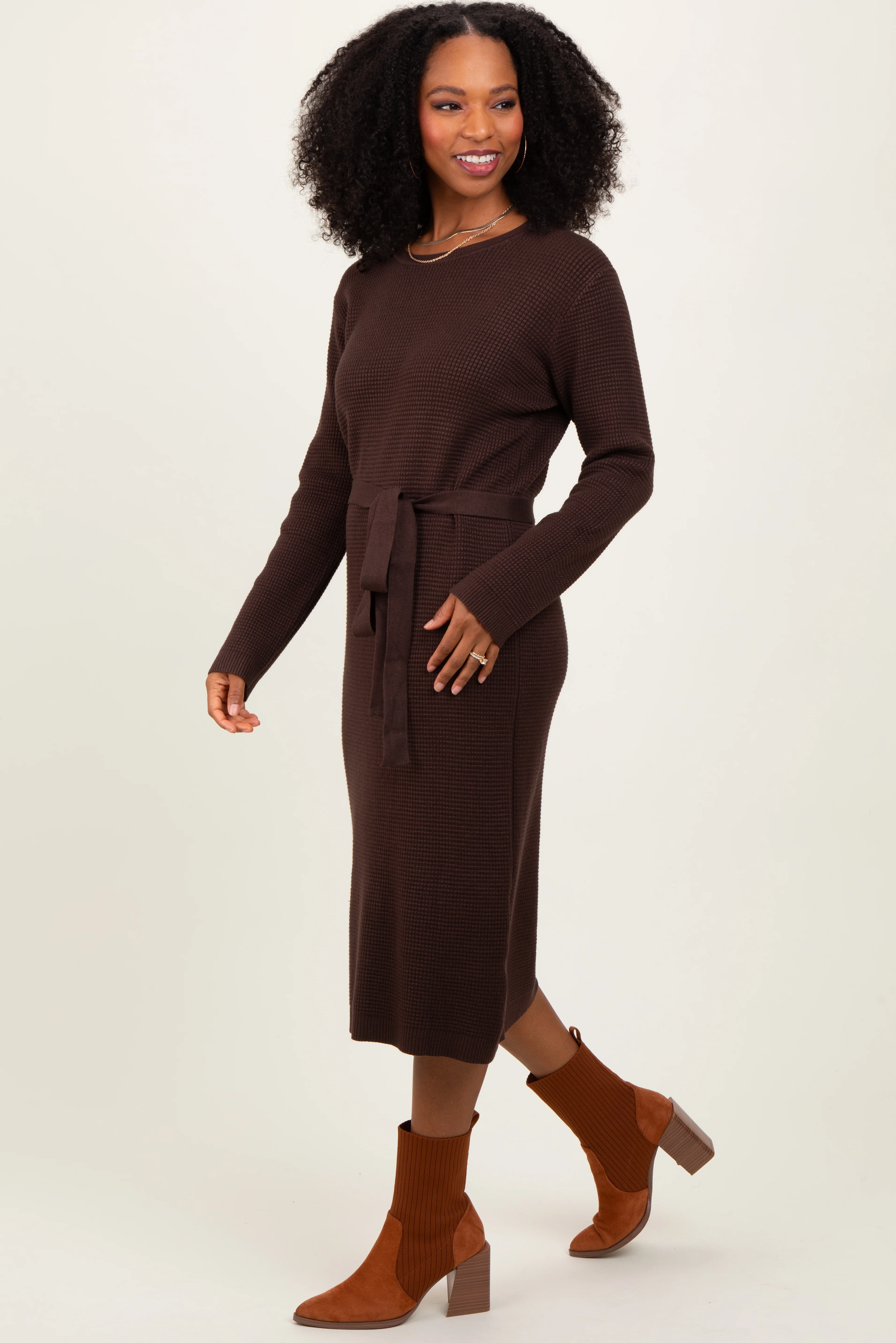 Brown Waffle Knit Sash Tie Midi Sweater Dress - Image 3