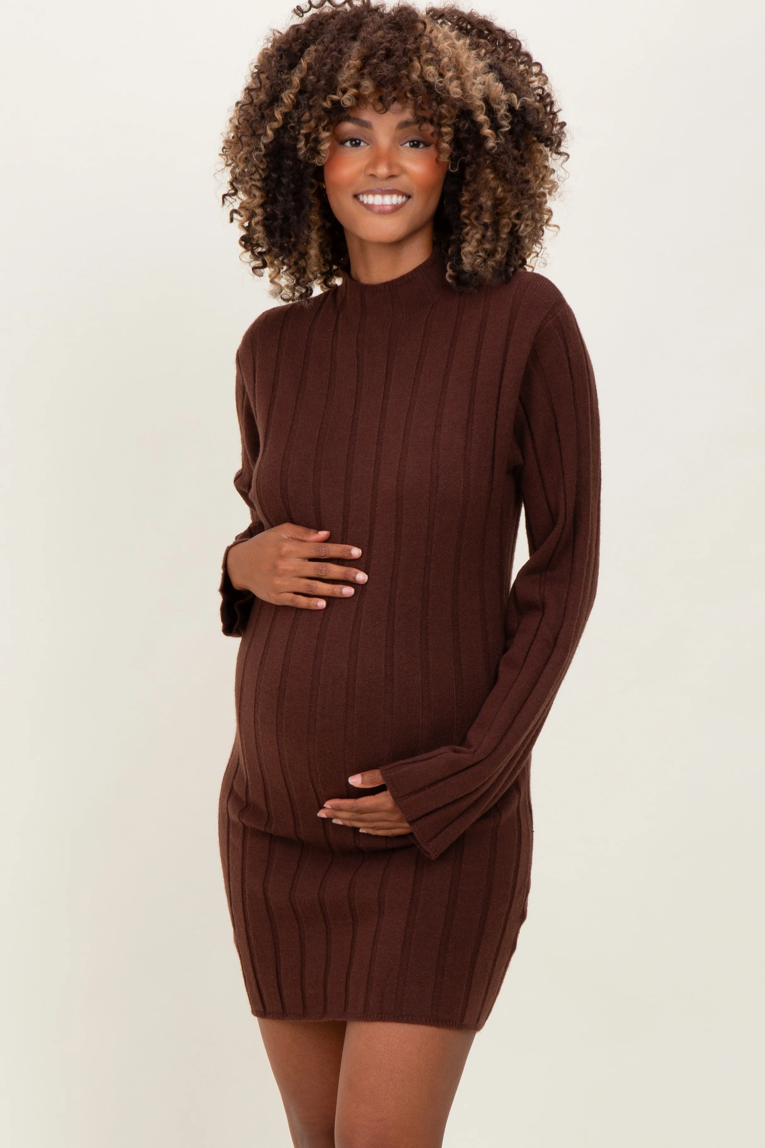 Brown Wide Rib Mock Neck Maternity Sweater Mini Dress - Image 2