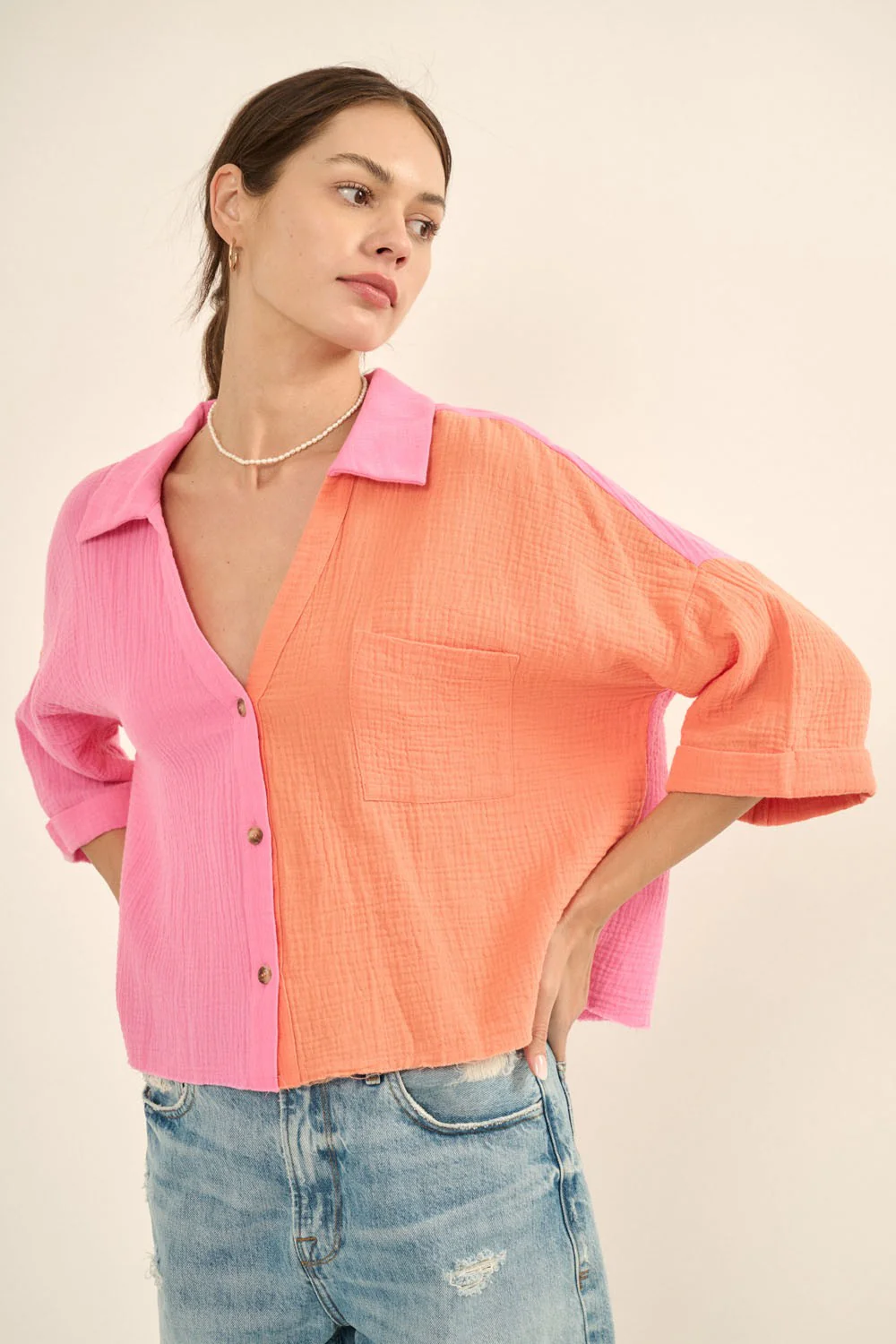 Bubble Gum Color Block Crinkle Cotton Raw Edge Hem Shirt - Image 2
