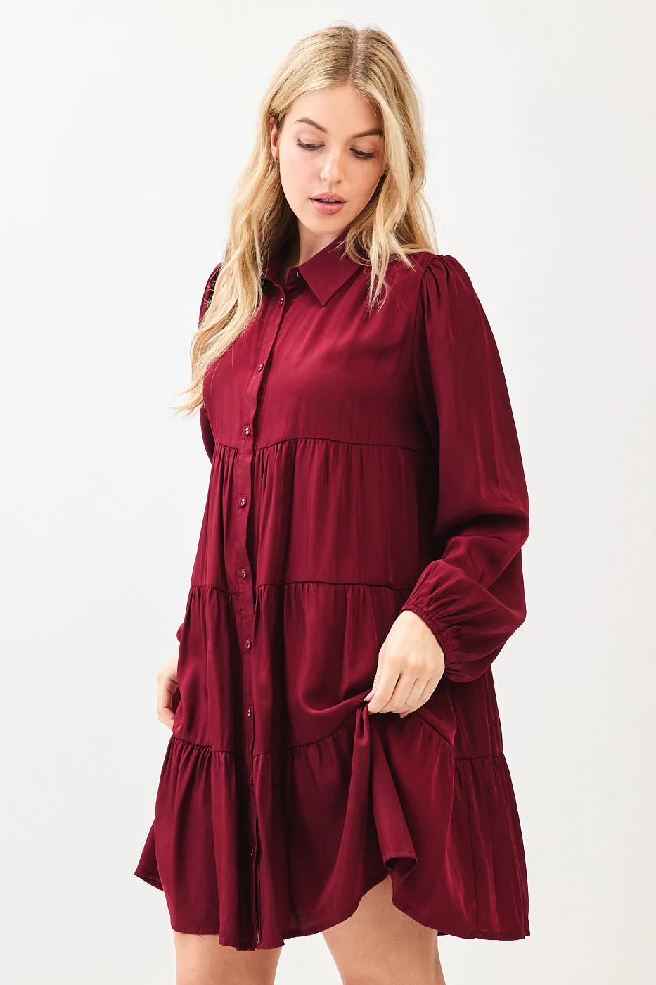 Burgundy Balloon Sleeve Tiered Shirt Dress - Image 3