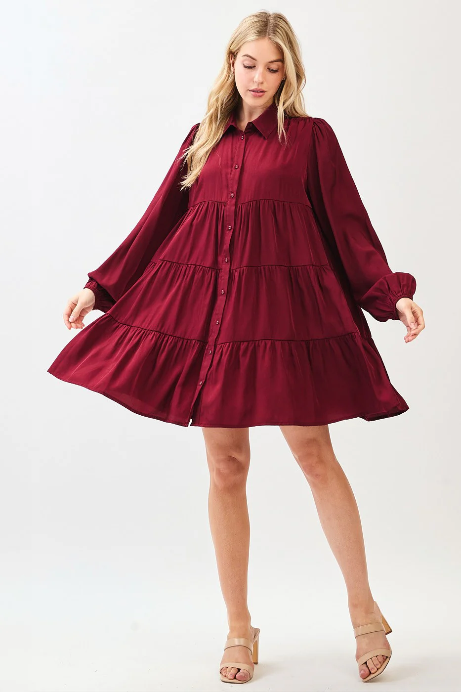 Burgundy Balloon Sleeve Tiered Shirt Dress - Image 5