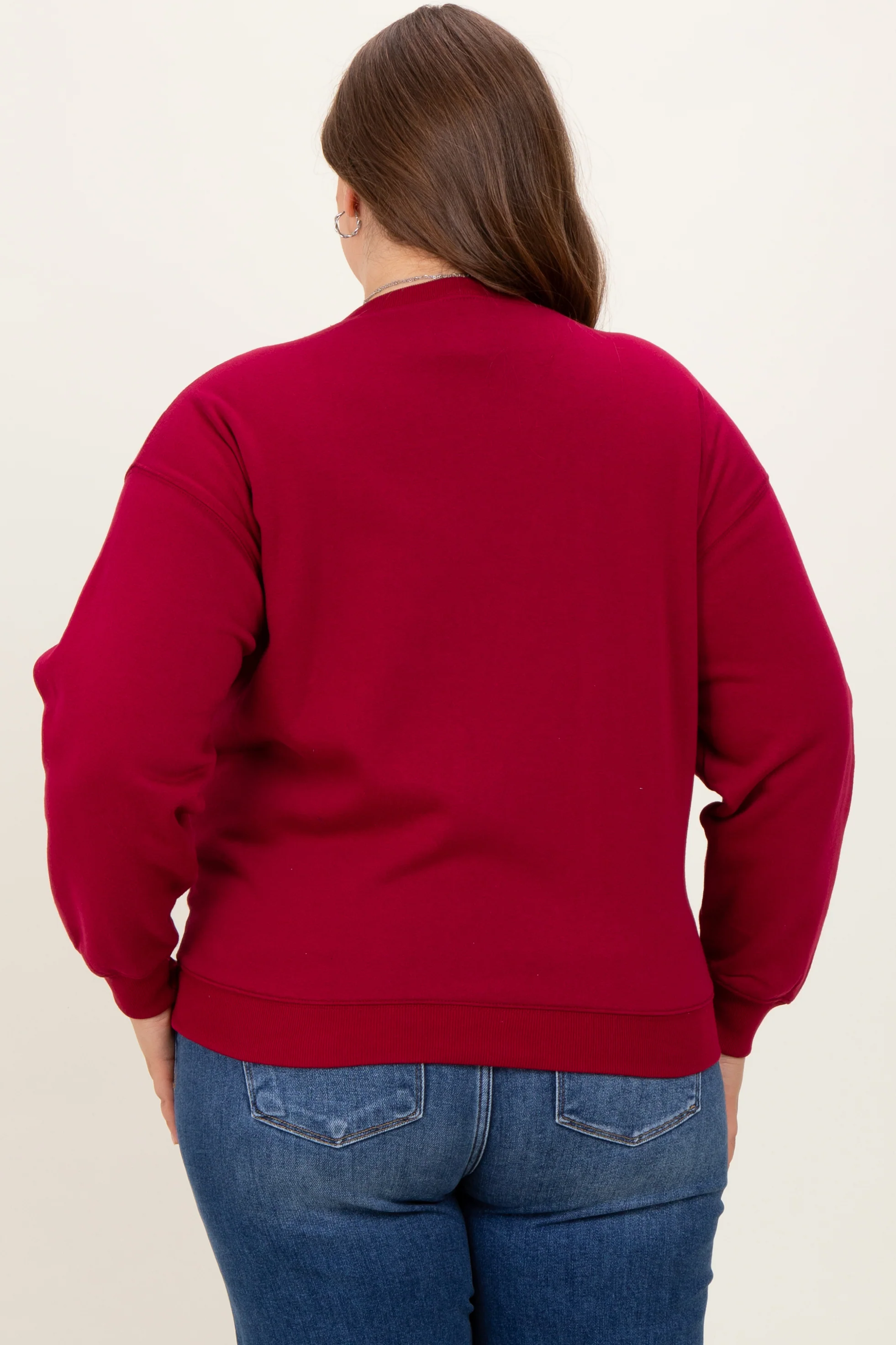 Burgundy Basic Fleece Crewneck Maternity Sweatshirt - Image 3