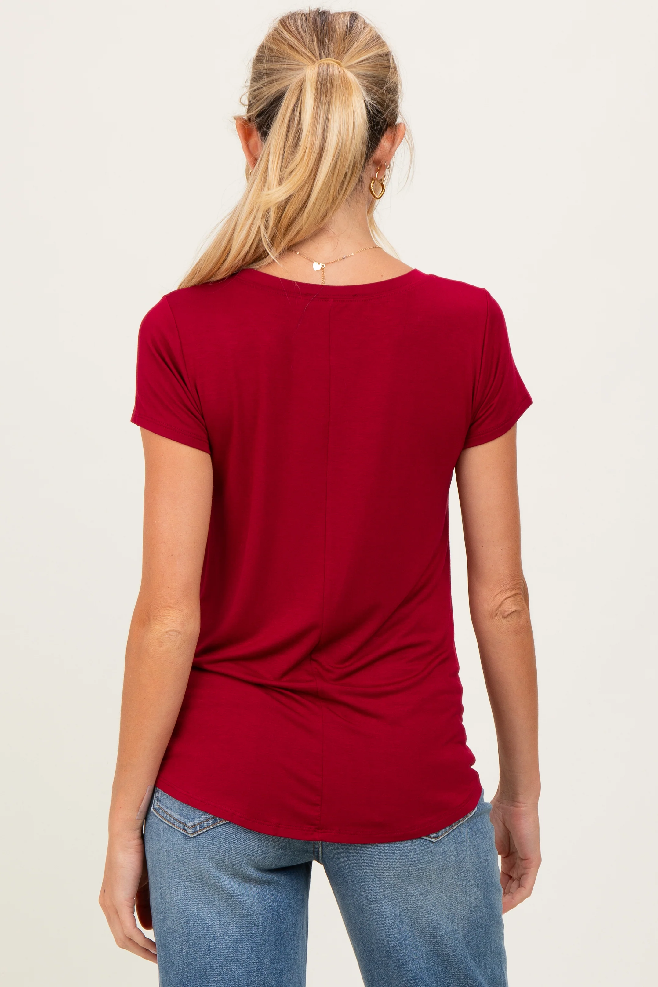 Burgundy Basic Short Sleeve Maternity Top - Image 3