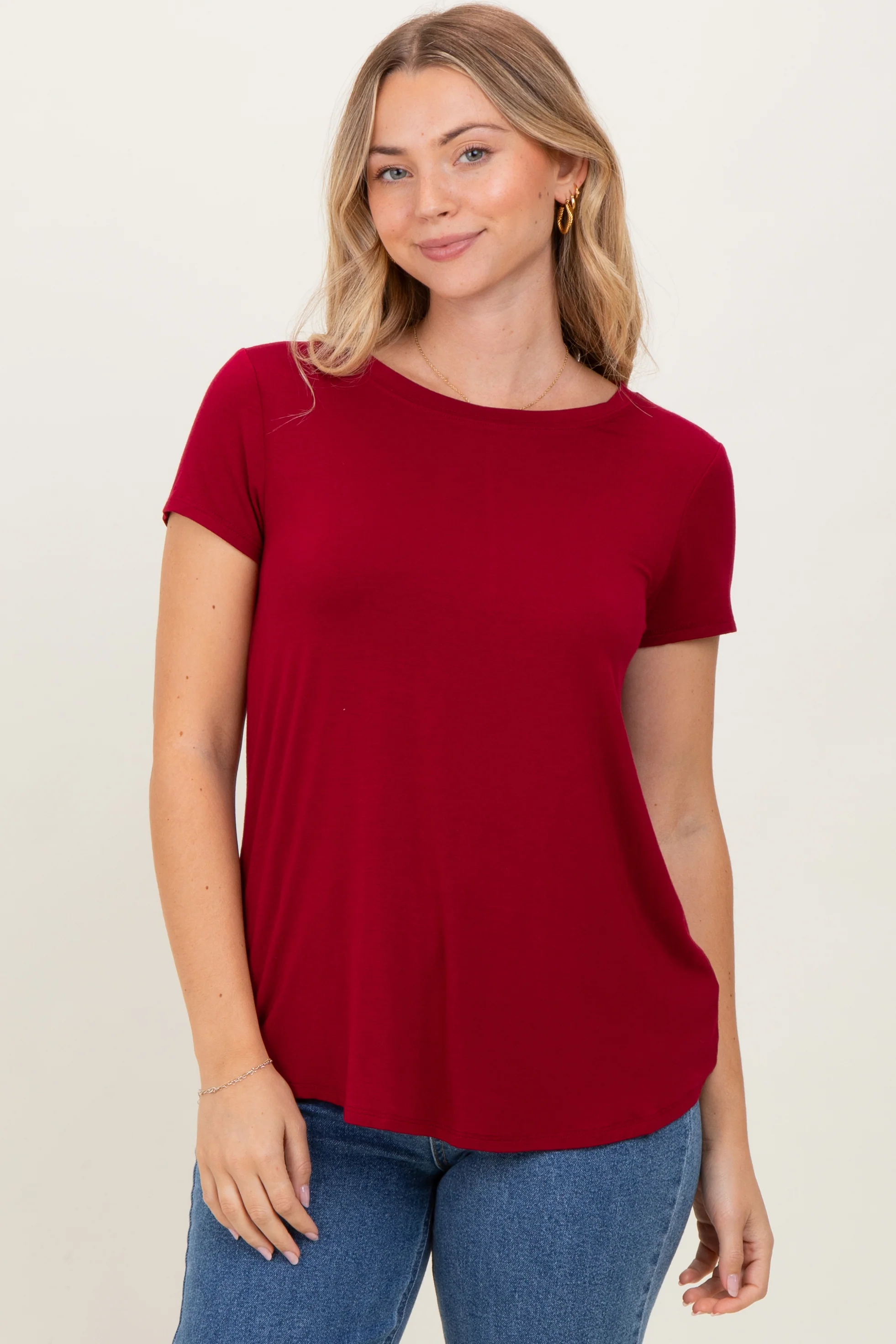Burgundy Basic Short Sleeve Maternity Top - Image 4