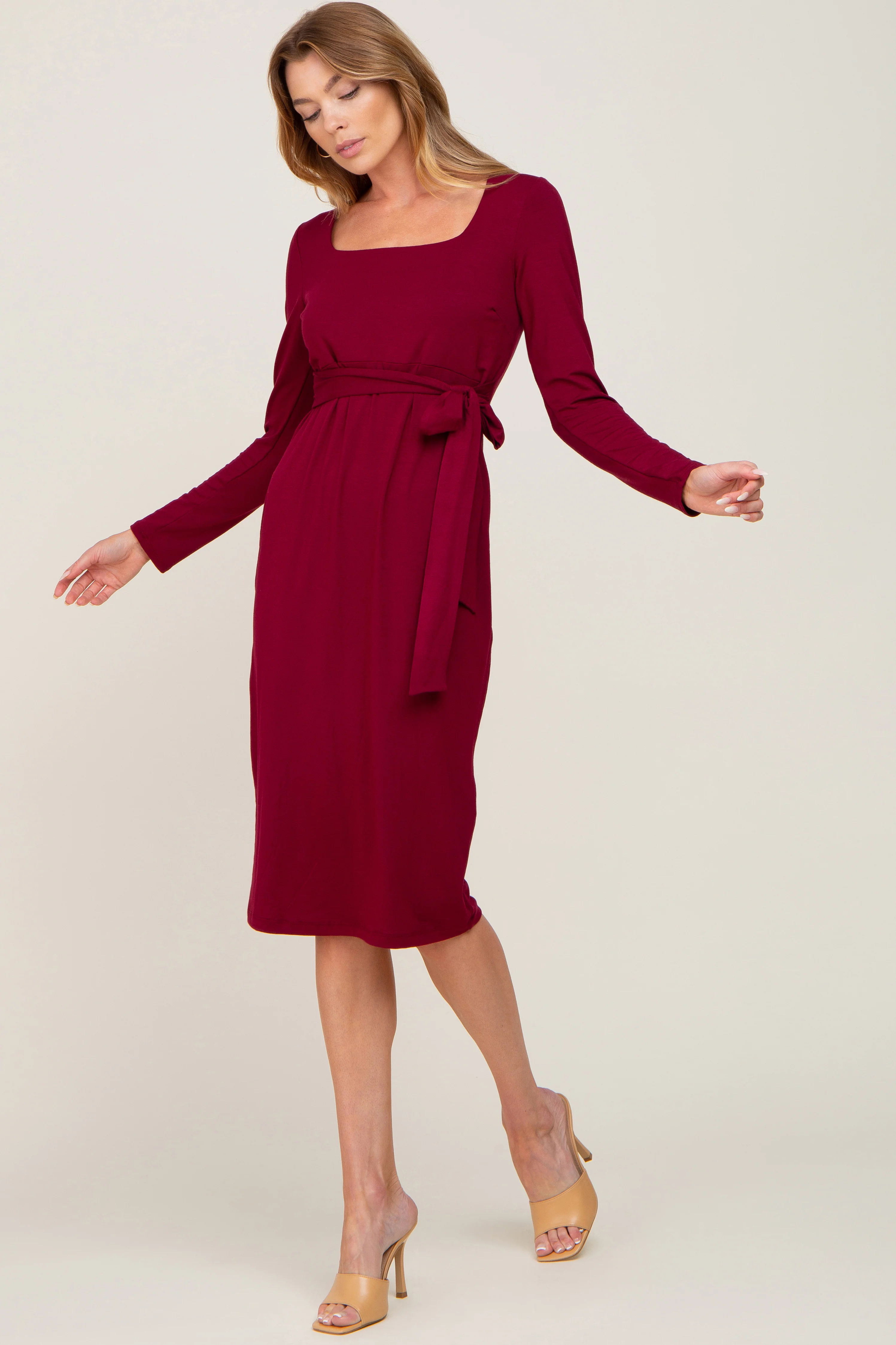 Burgundy Basic Square Neck Maternity Midi Dress - Image 10