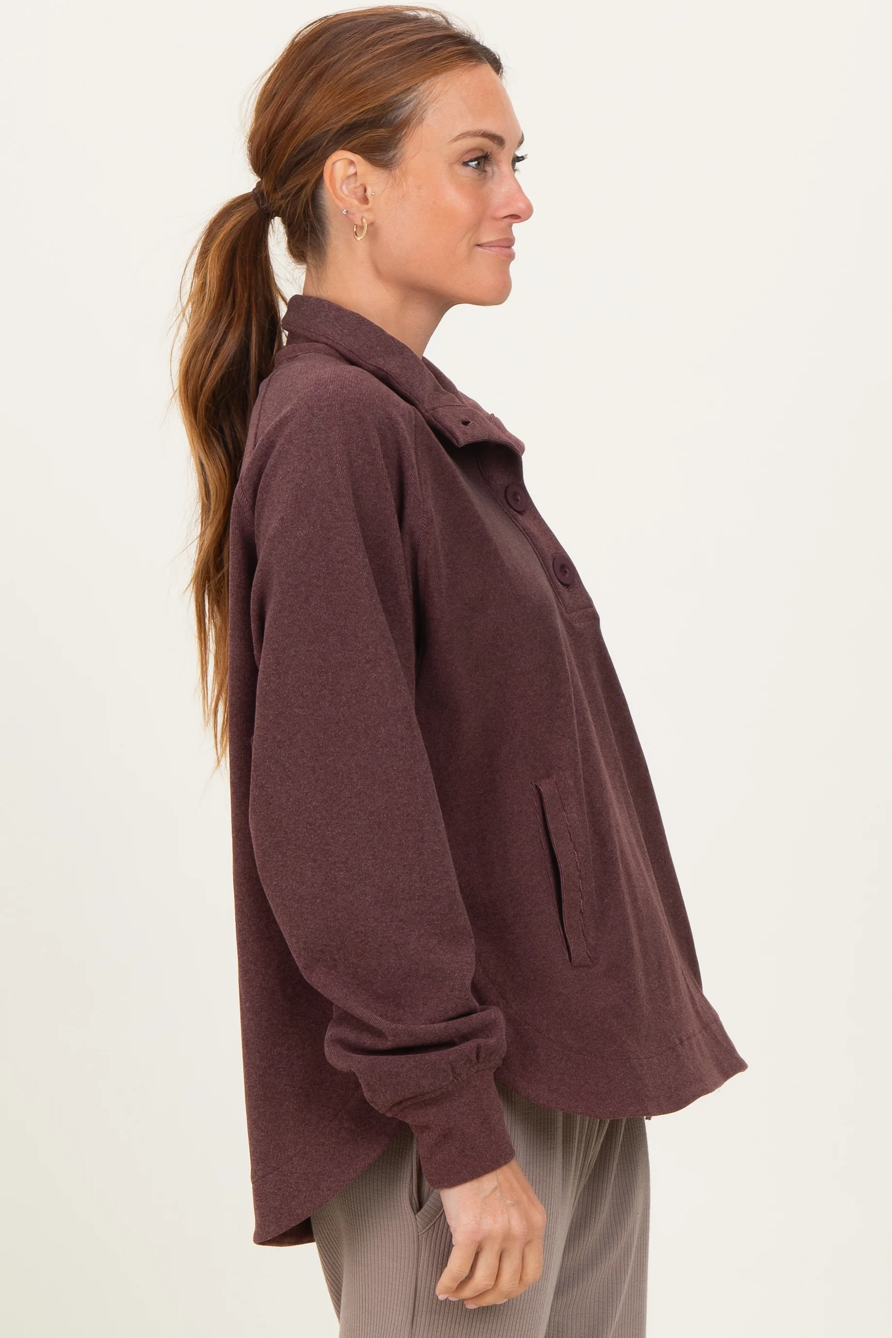 Burgundy Brushed Knit Button Collar Pullover - Image 3