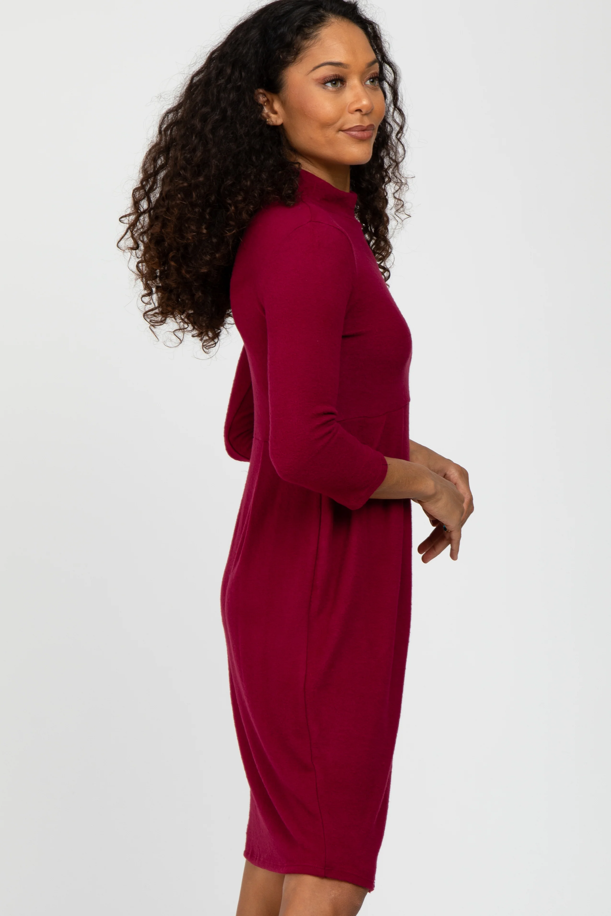 Burgundy Brushed Mock Neck Fitted Dress - Image 3