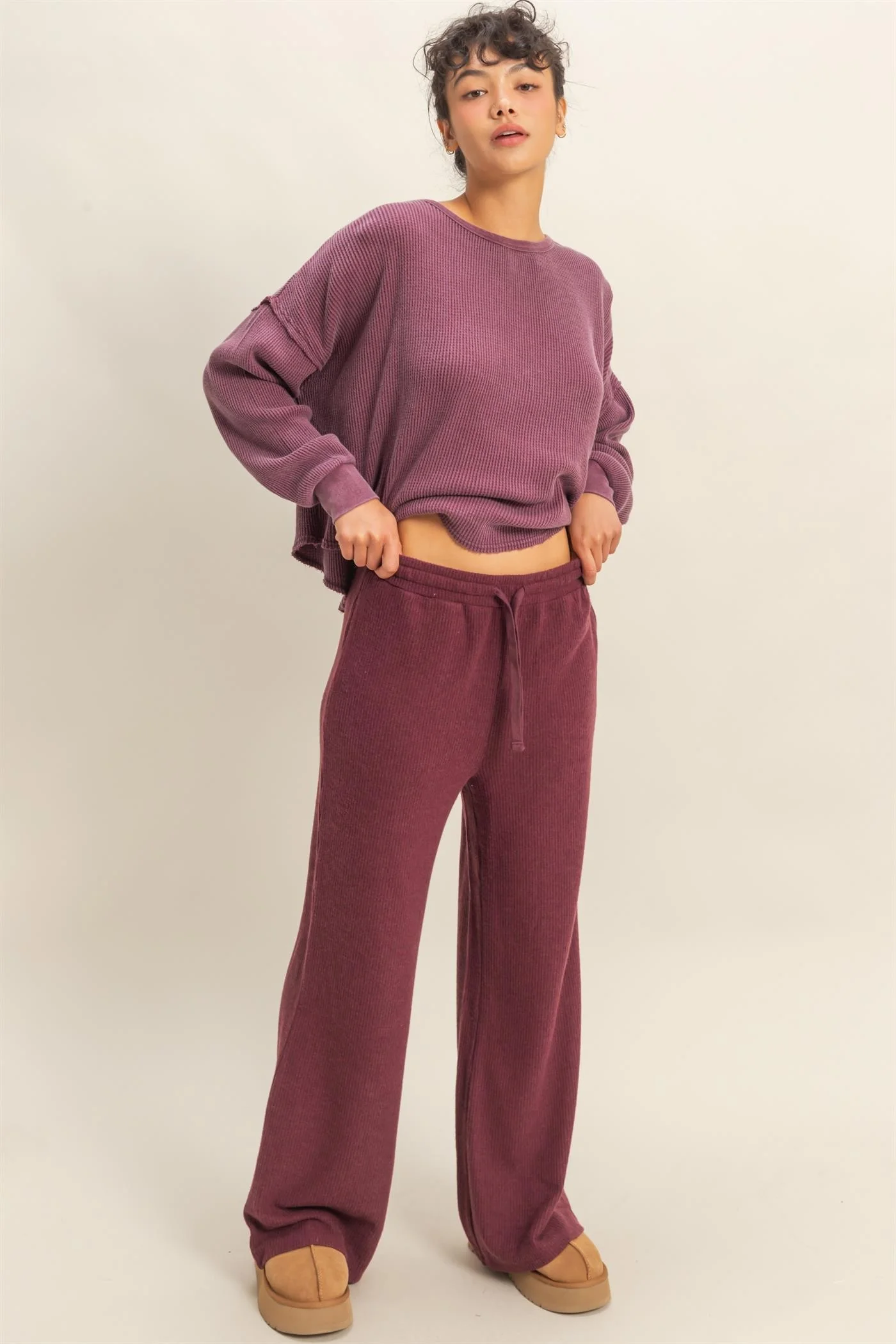 Burgundy Brushed Ribbed Knit Maternity Lounge Pants - Image 7