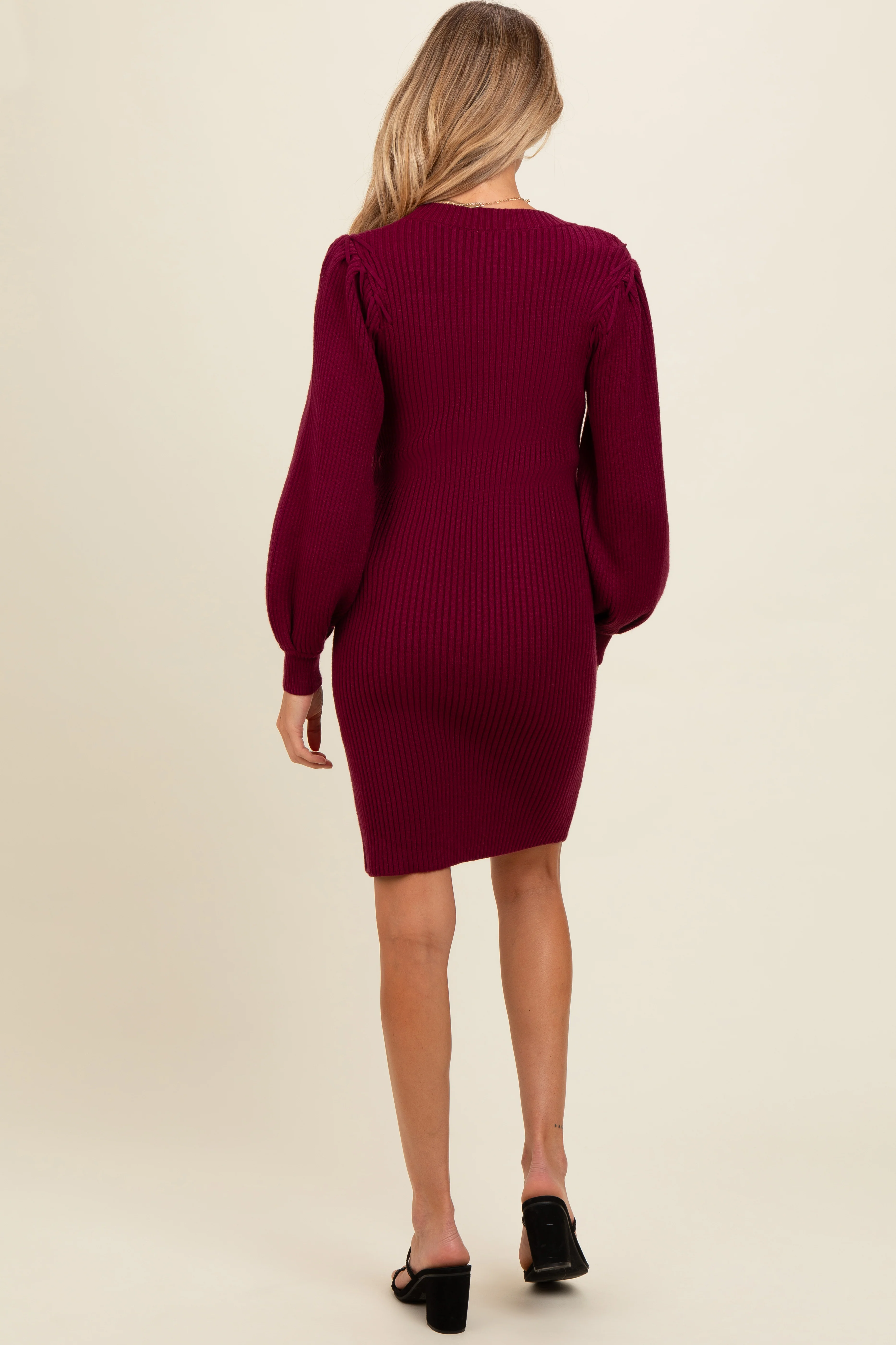 Burgundy Bubble Sleeve Maternity Sweater Dress - Image 4