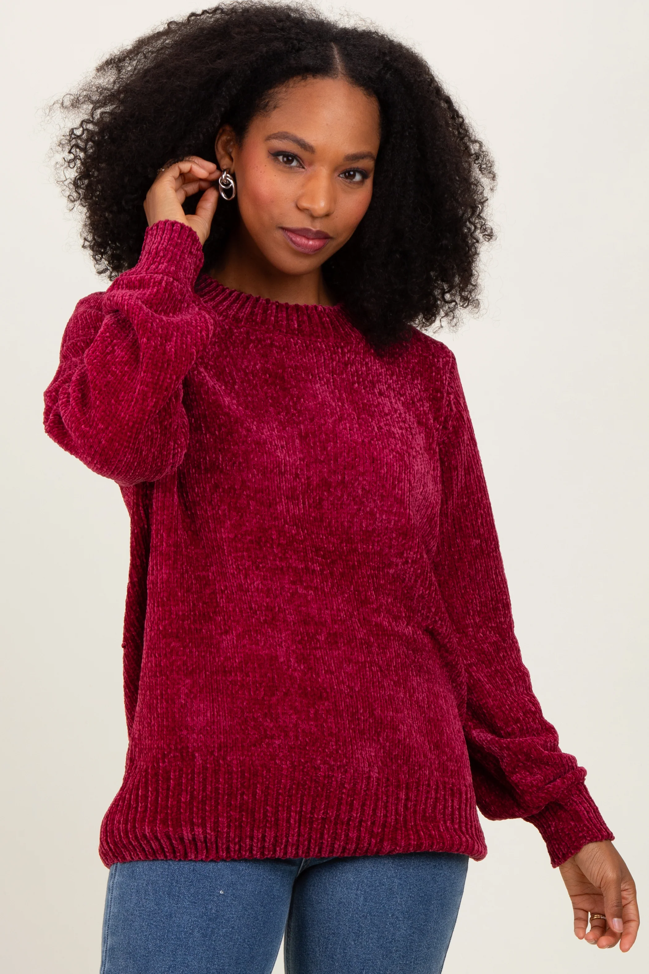 Burgundy Chenille Knit Balloon Sleeve Sweater - Image 2
