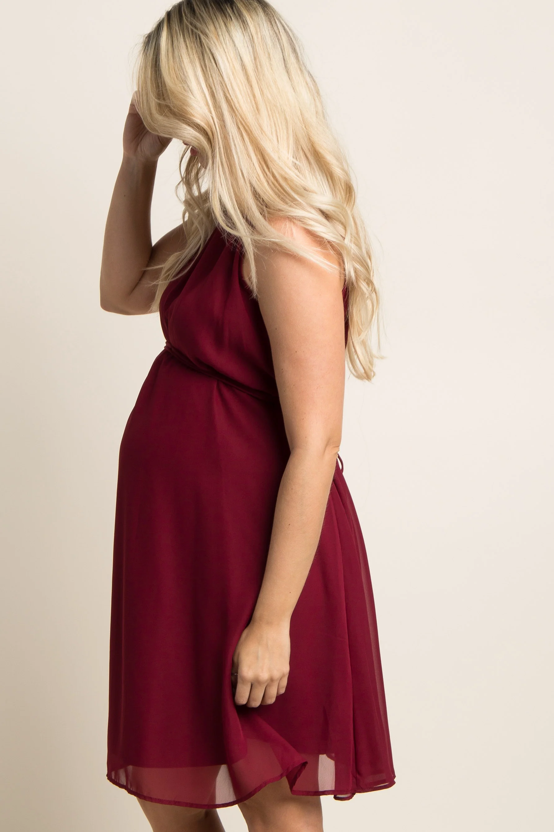 Burgundy Chiffon High Neck Maternity Dress - Image 3