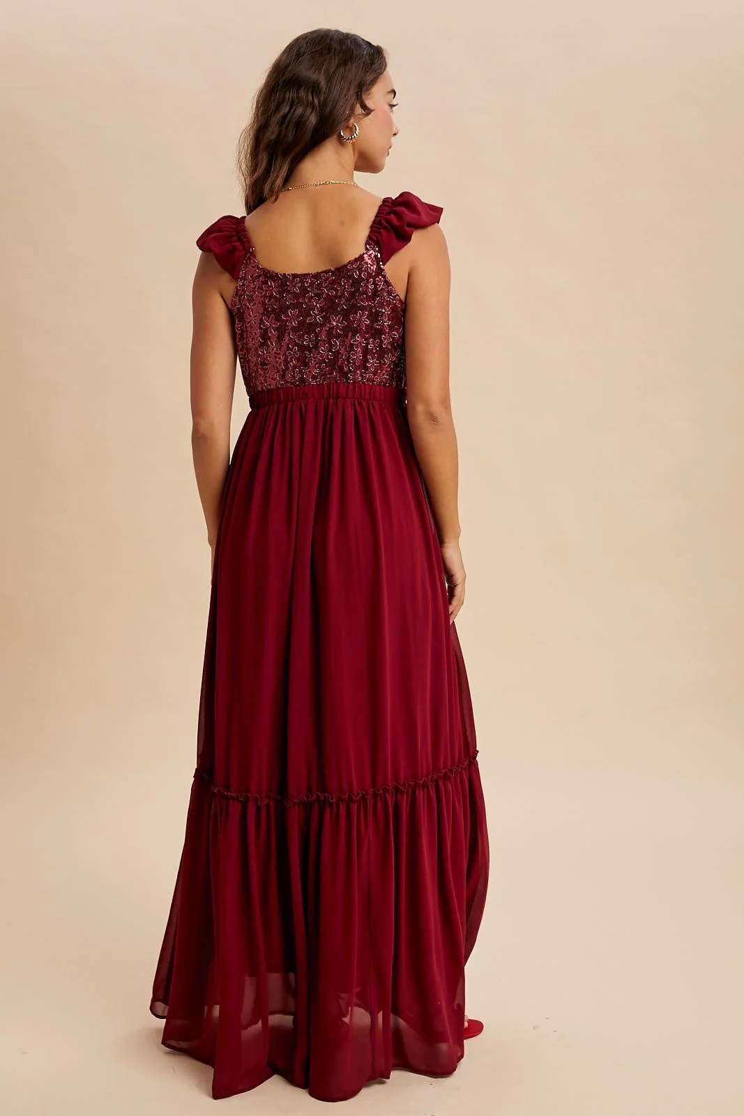 Burgundy Chiffon Sequin Bodice Maxi Dress - Image 5
