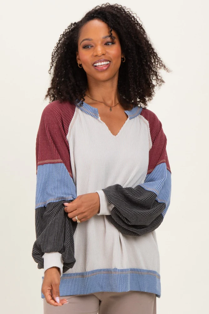 Burgundy Color Block Long Sleeve V-Neck Maternity Top - Image 4
