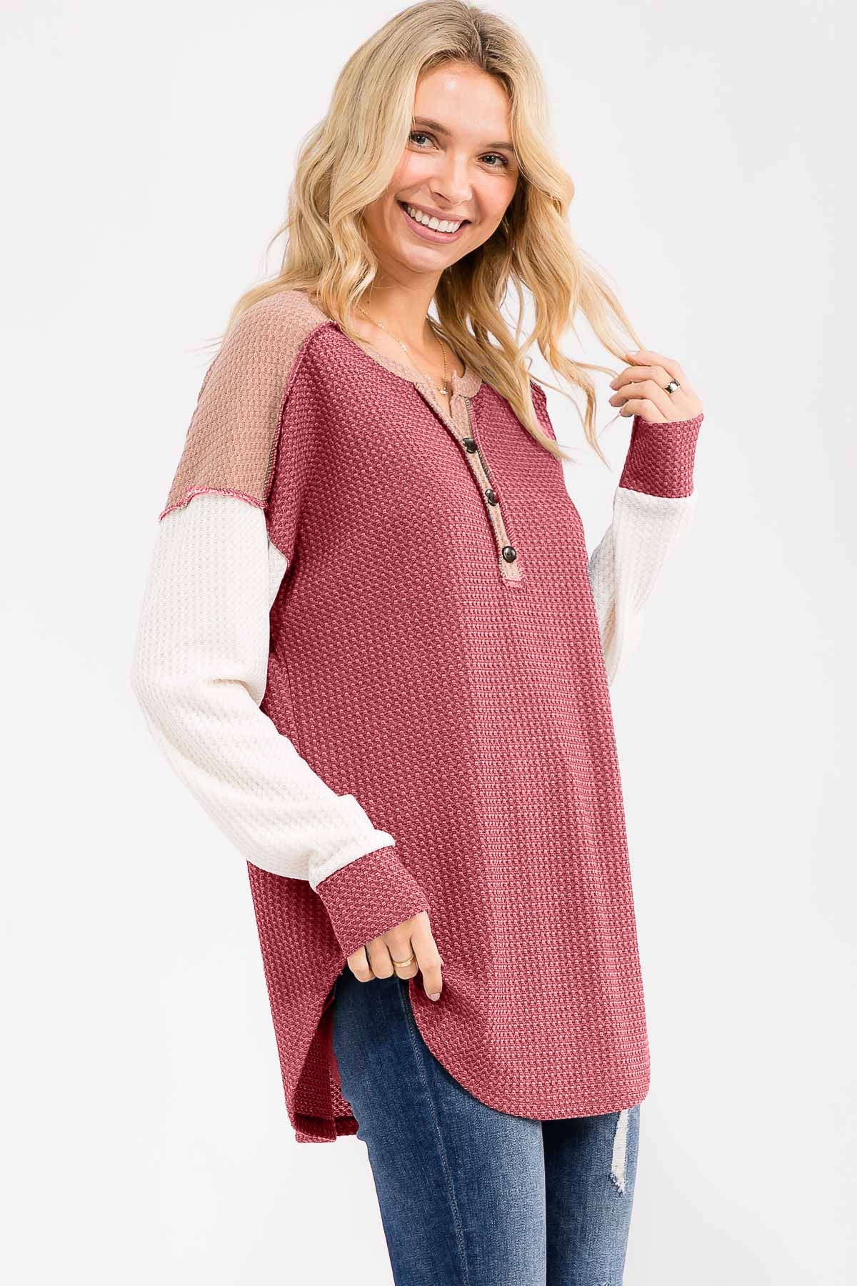 Burgundy Colorblock Relaxed Waffle Knit Henley - Image 3