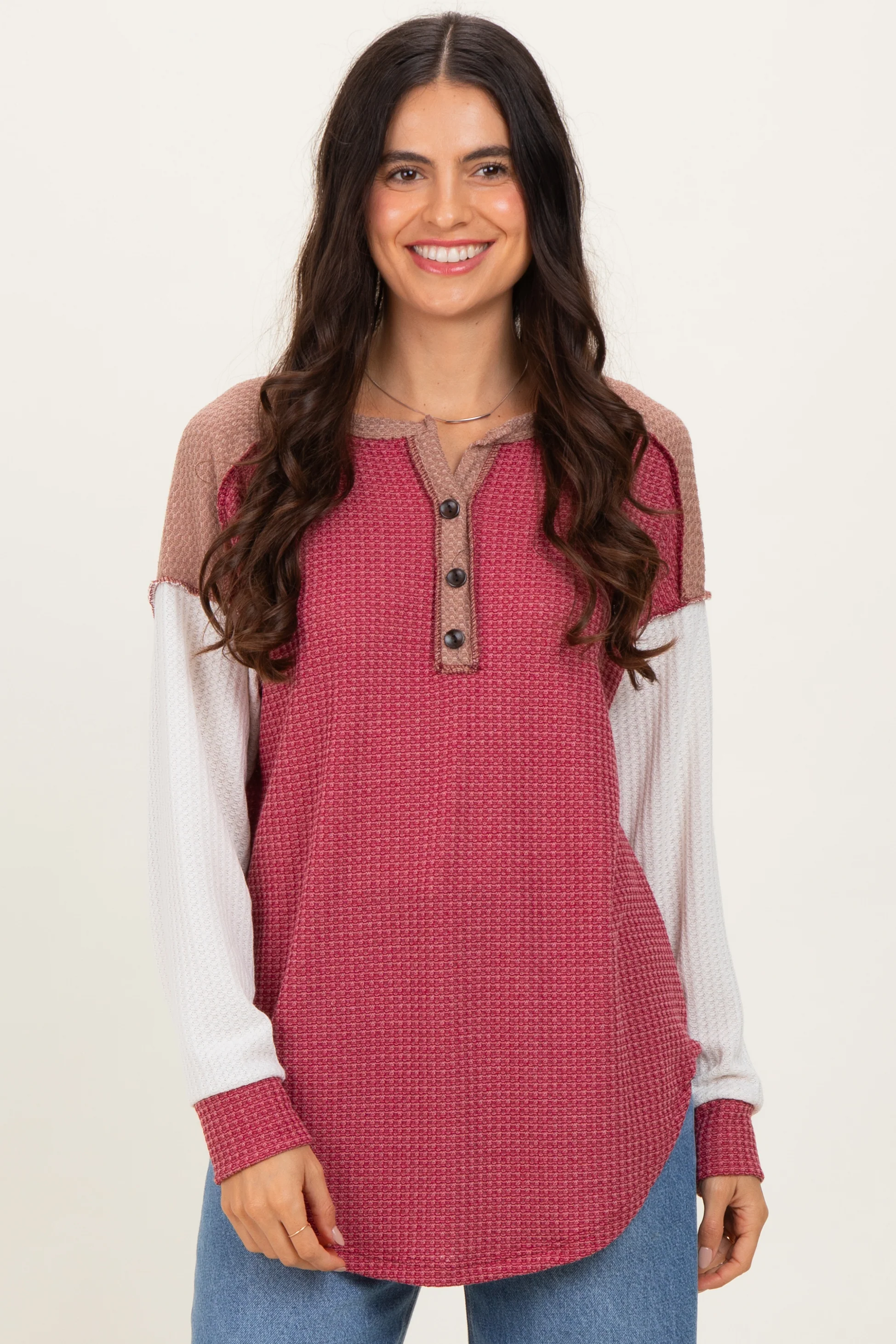 Burgundy Colorblock Relaxed Waffle Knit Maternity Henley - Image 4