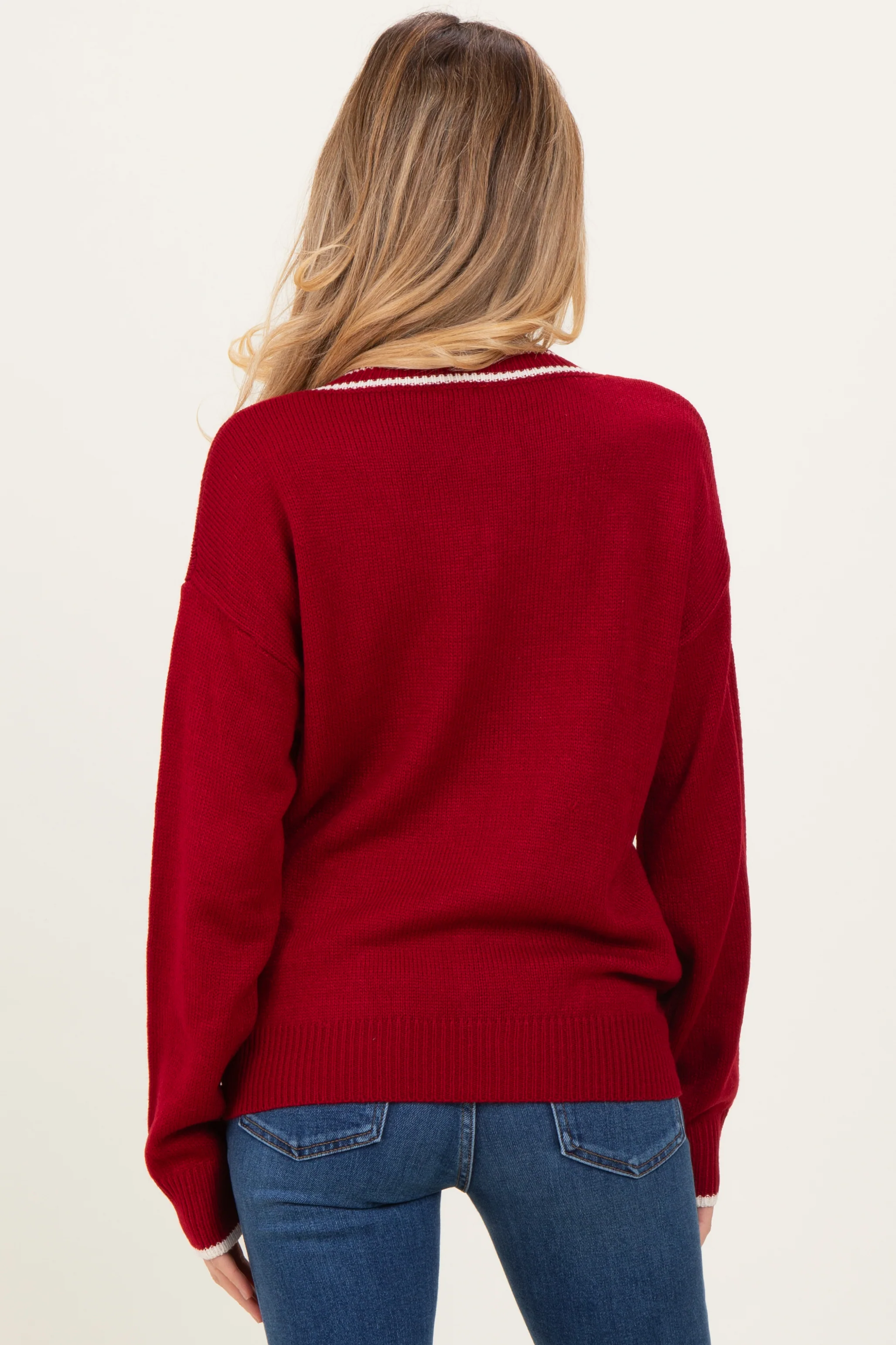 Burgundy Contrast Detail V-Neck Maternity Sweater - Image 4