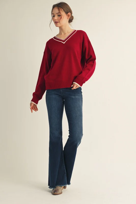 Burgundy Contrast Detail V-Neck Sweater - Image 3