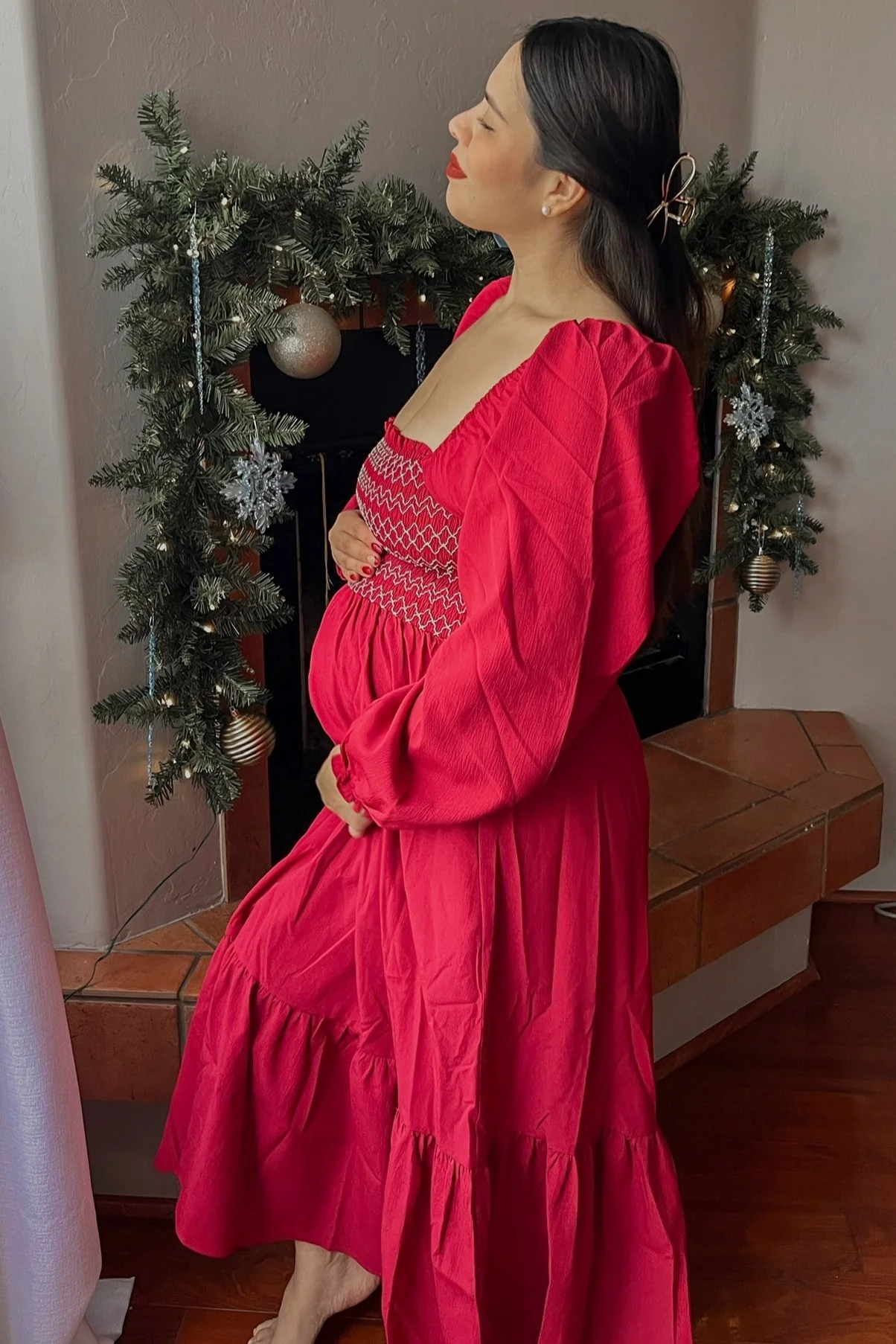 Burgundy Contrast Smocked Balloon Sleeve Maternity Midi Dress - Image 3
