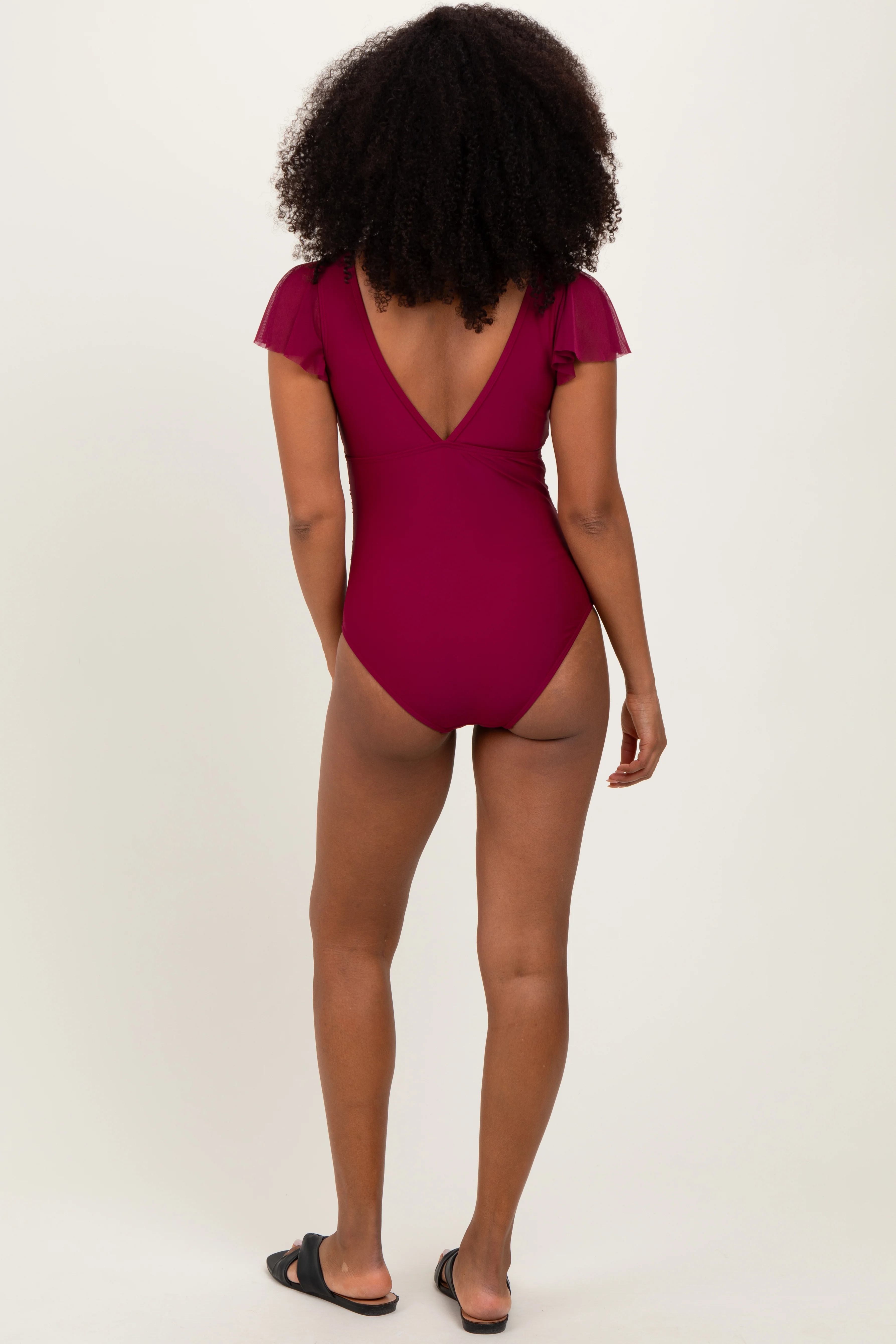 Burgundy Crochet Detail Ruched One Piece Swimsuit - Image 4