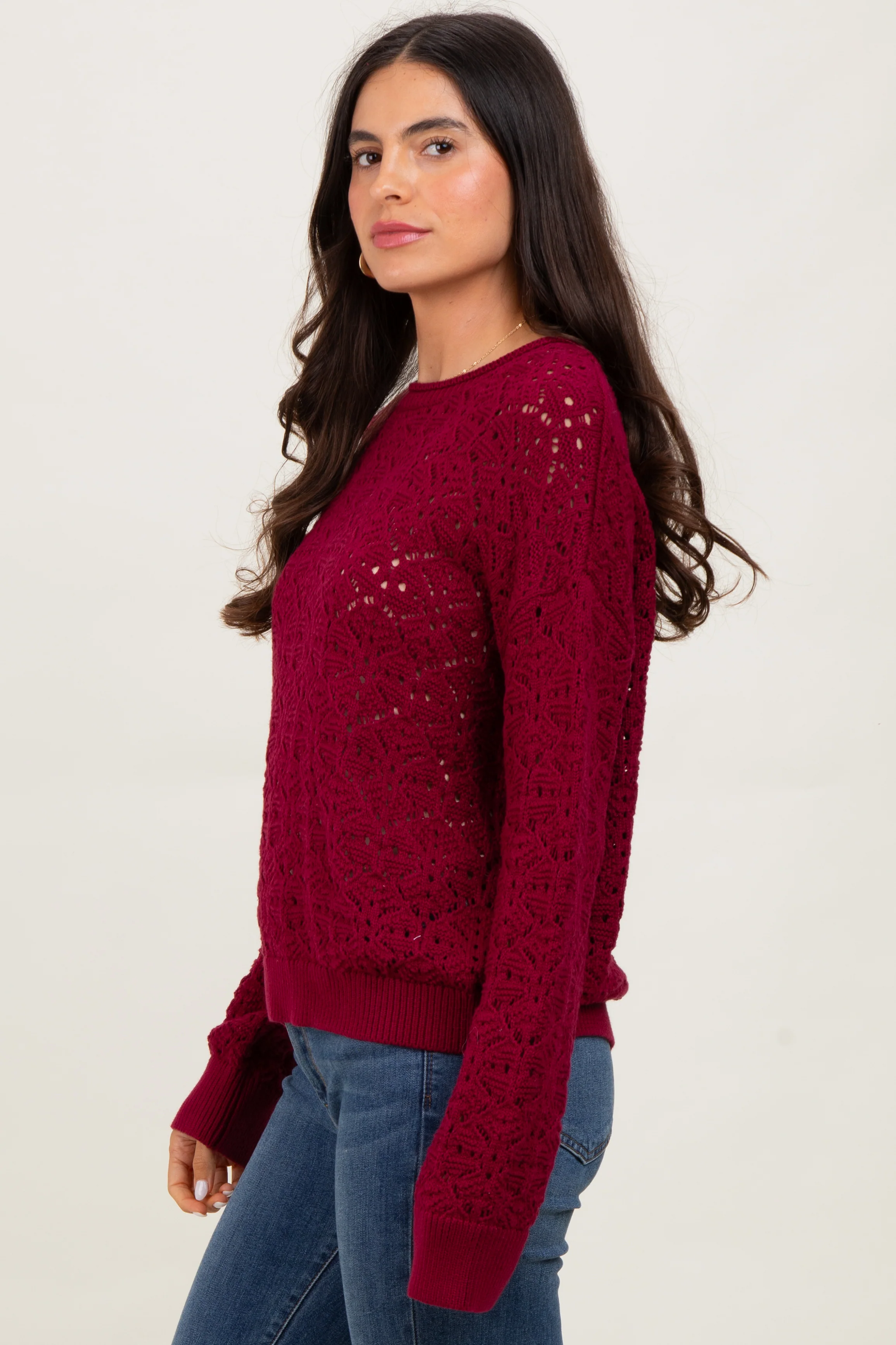 Burgundy Crochet Knit Drop Shoulder Sweater - Image 3