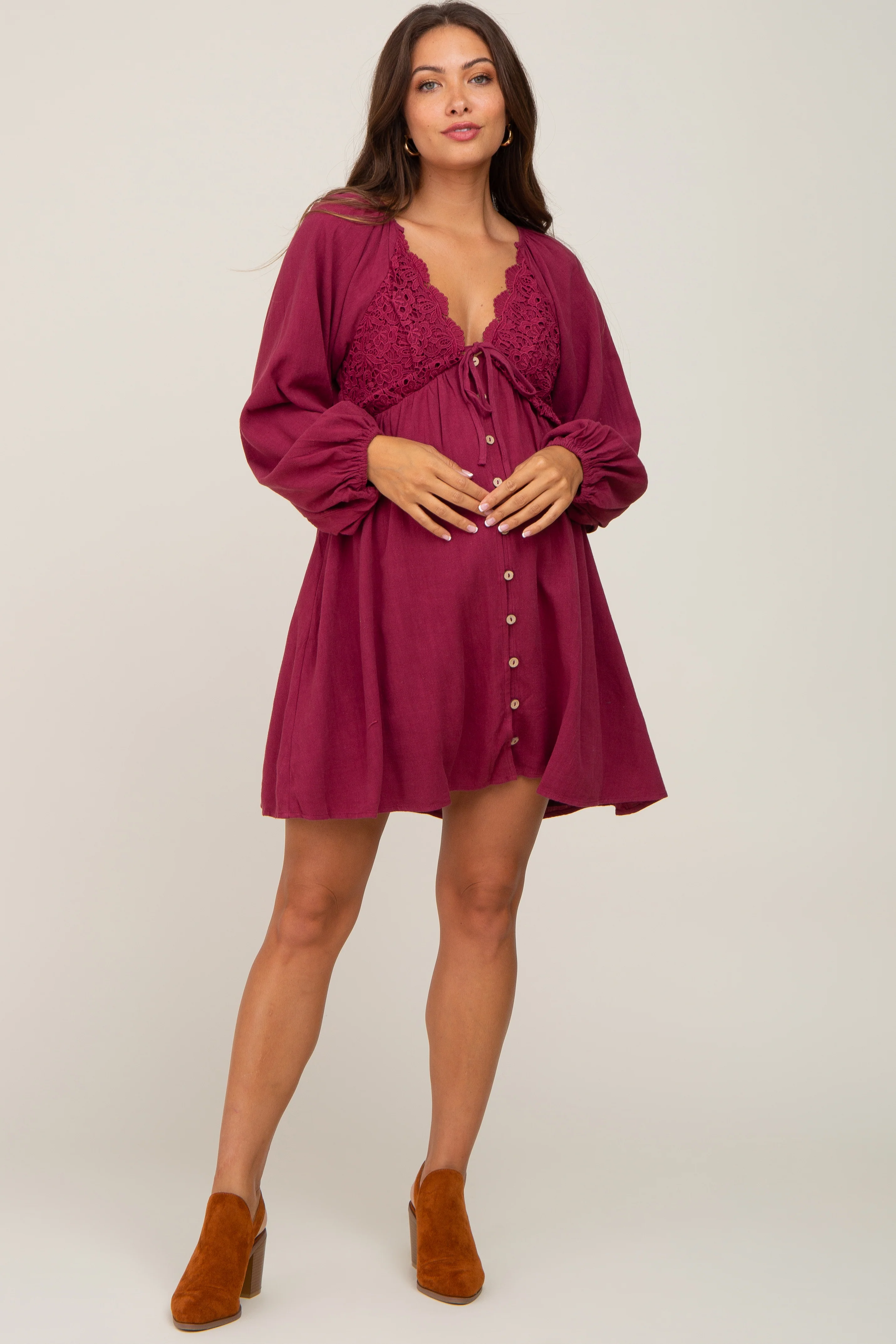 Burgundy Crochet Lace Button Front Maternity Dress - Image 4
