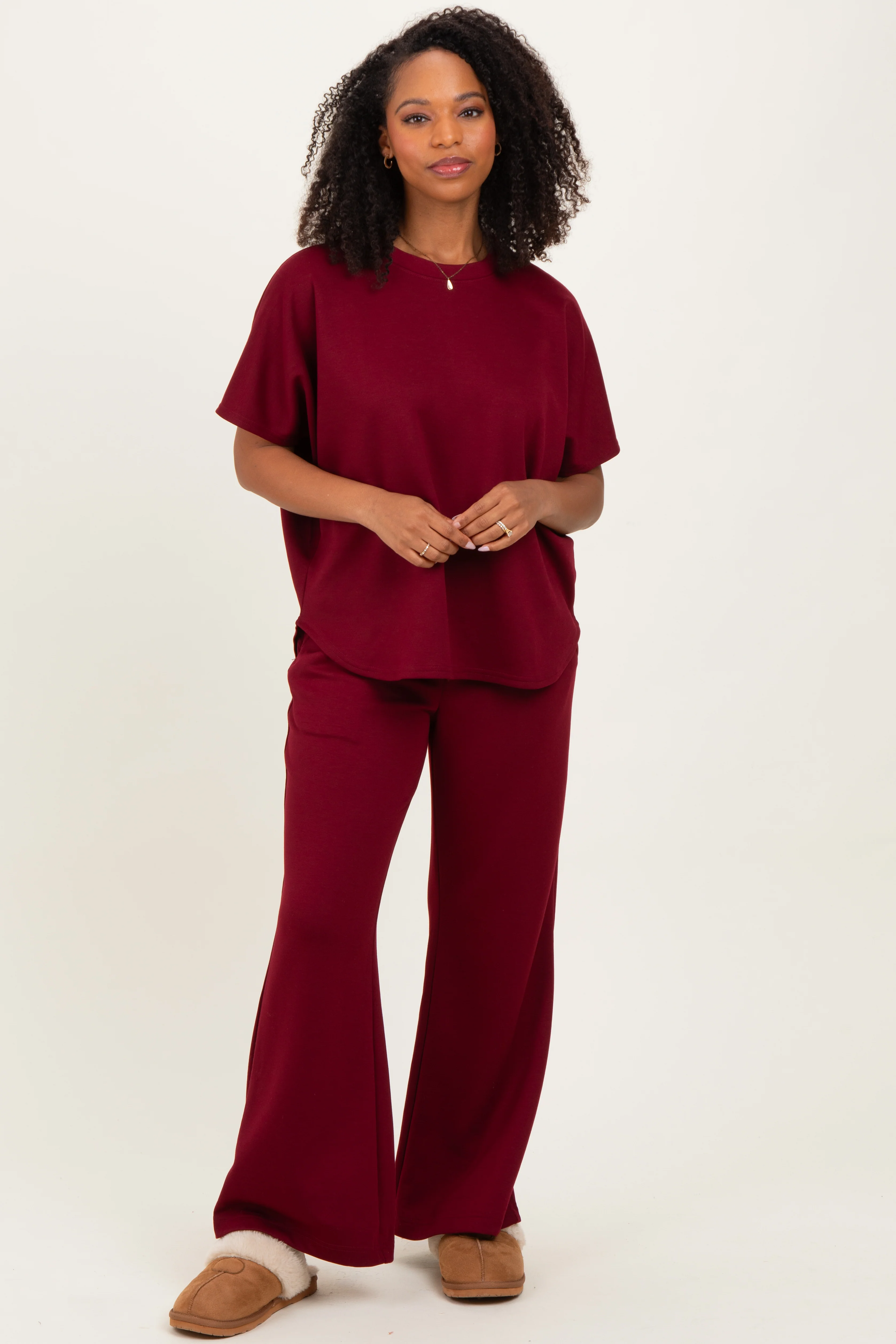 Burgundy Curved Hem Tee Pants Maternity Lounge Set - Image 5