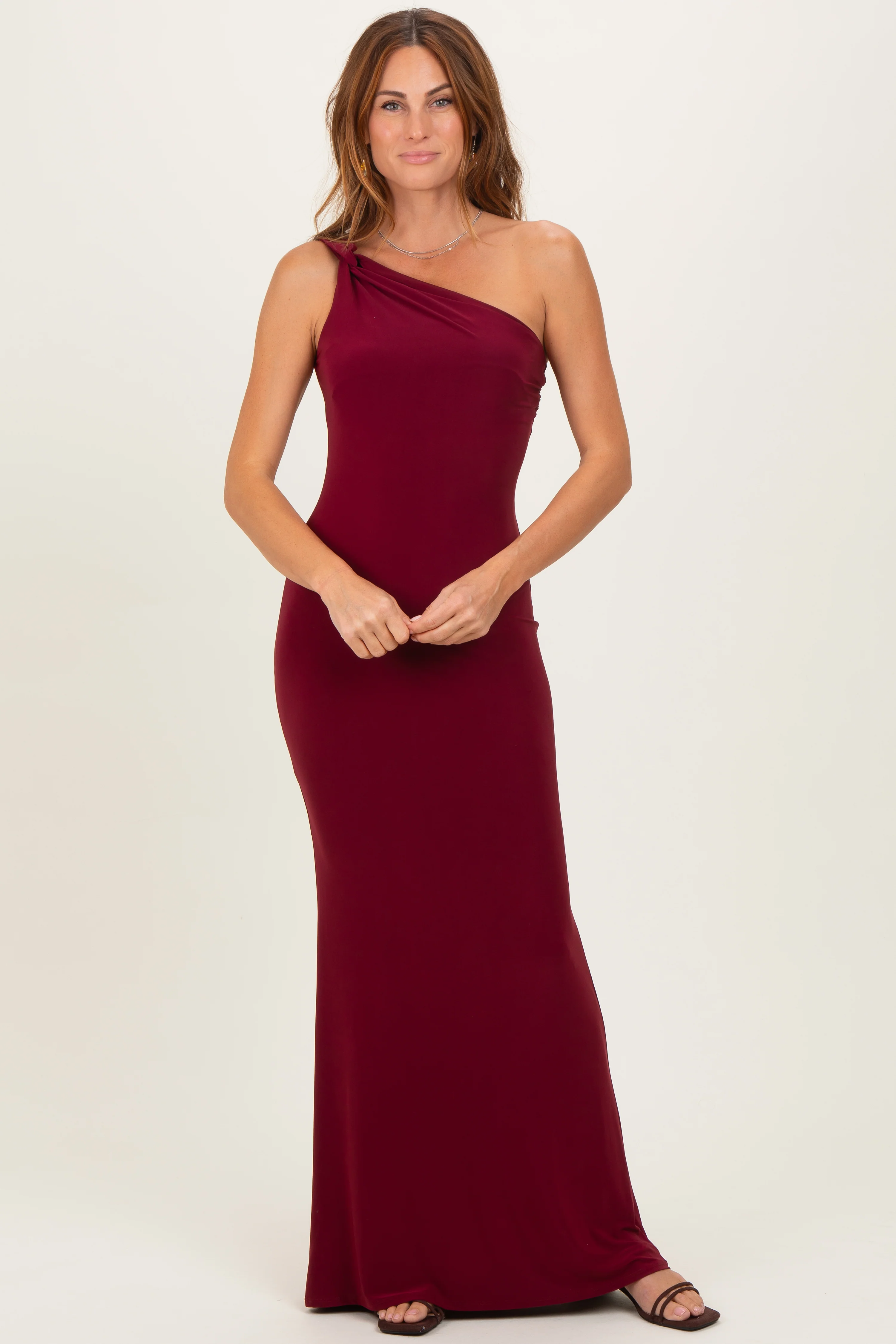 Burgundy Double Strap One Shoulder Maternity Maxi Dress - Image 5