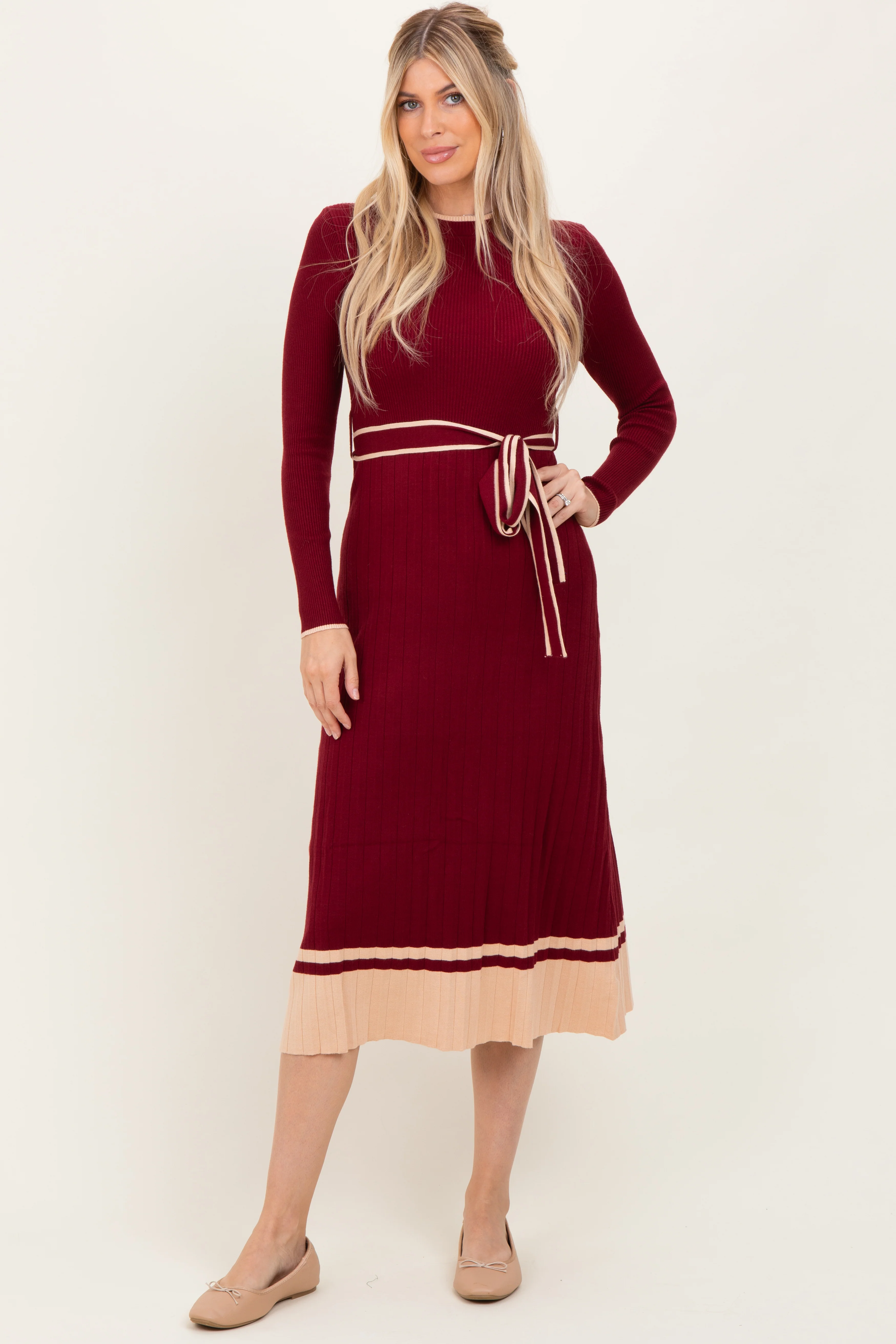 Burgundy Elegant Ribbed Midi Sweater Dress With Belt - Image 5