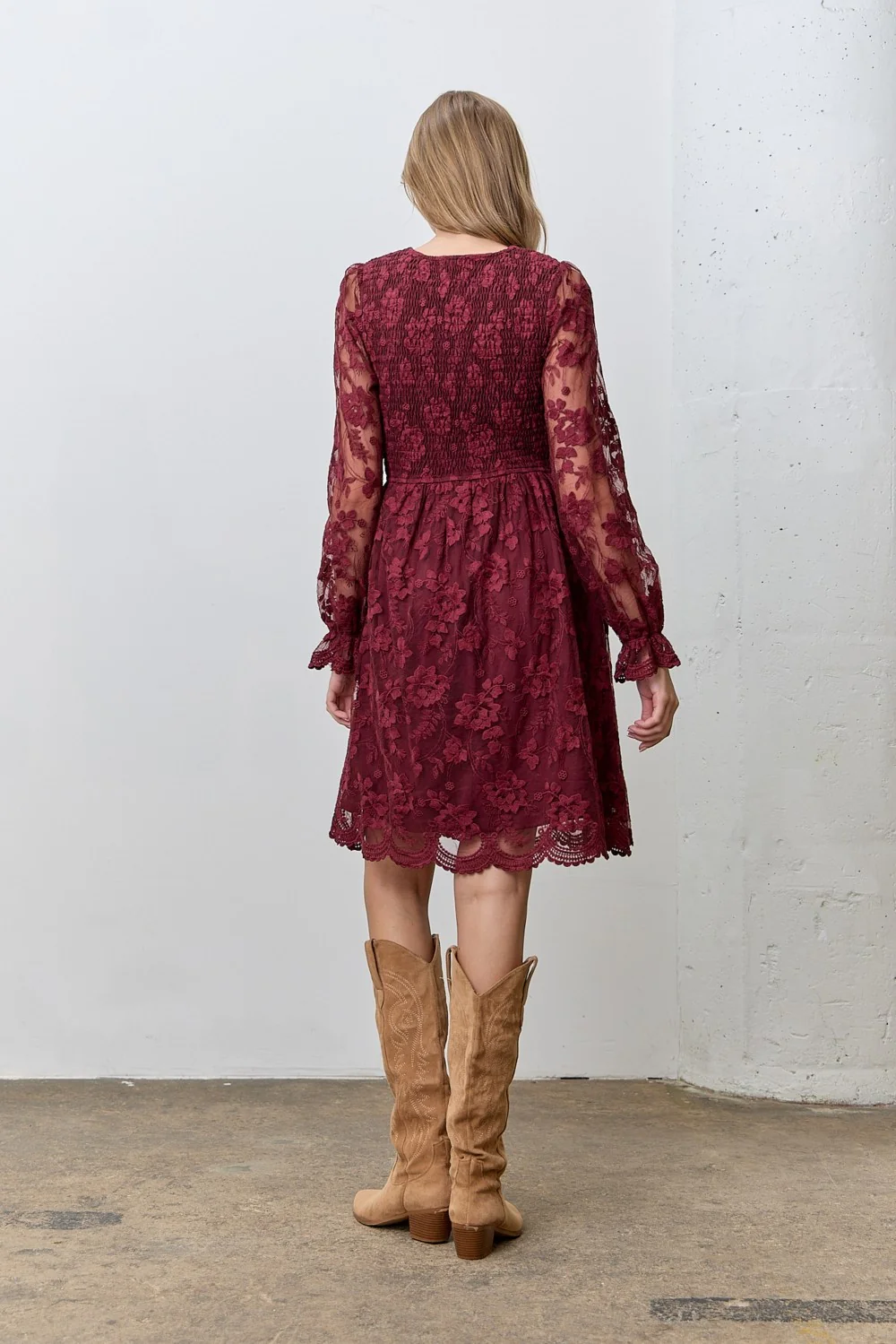 Burgundy Embroidered Lace Smocked Long Sleeve Dress - Image 3