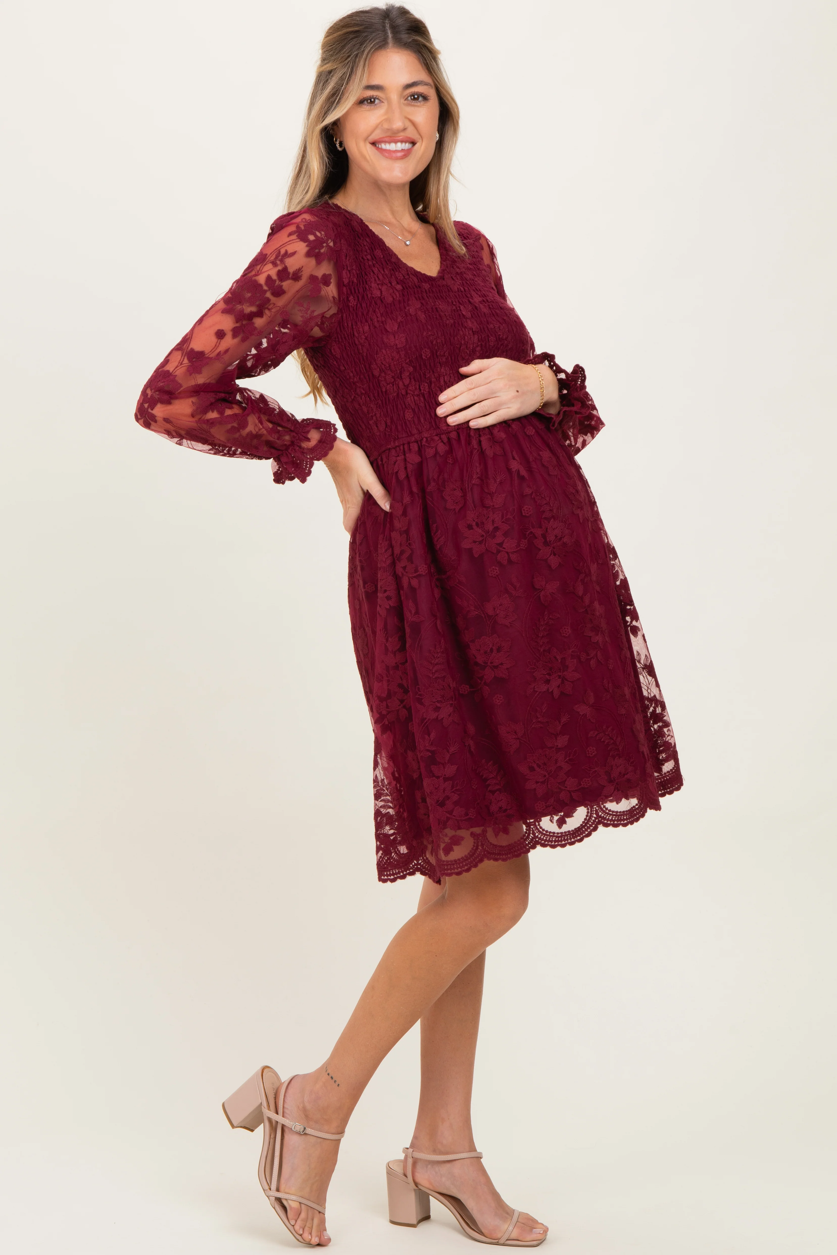 Burgundy Embroidered Lace Smocked Long Sleeve Maternity Dress - Image 4