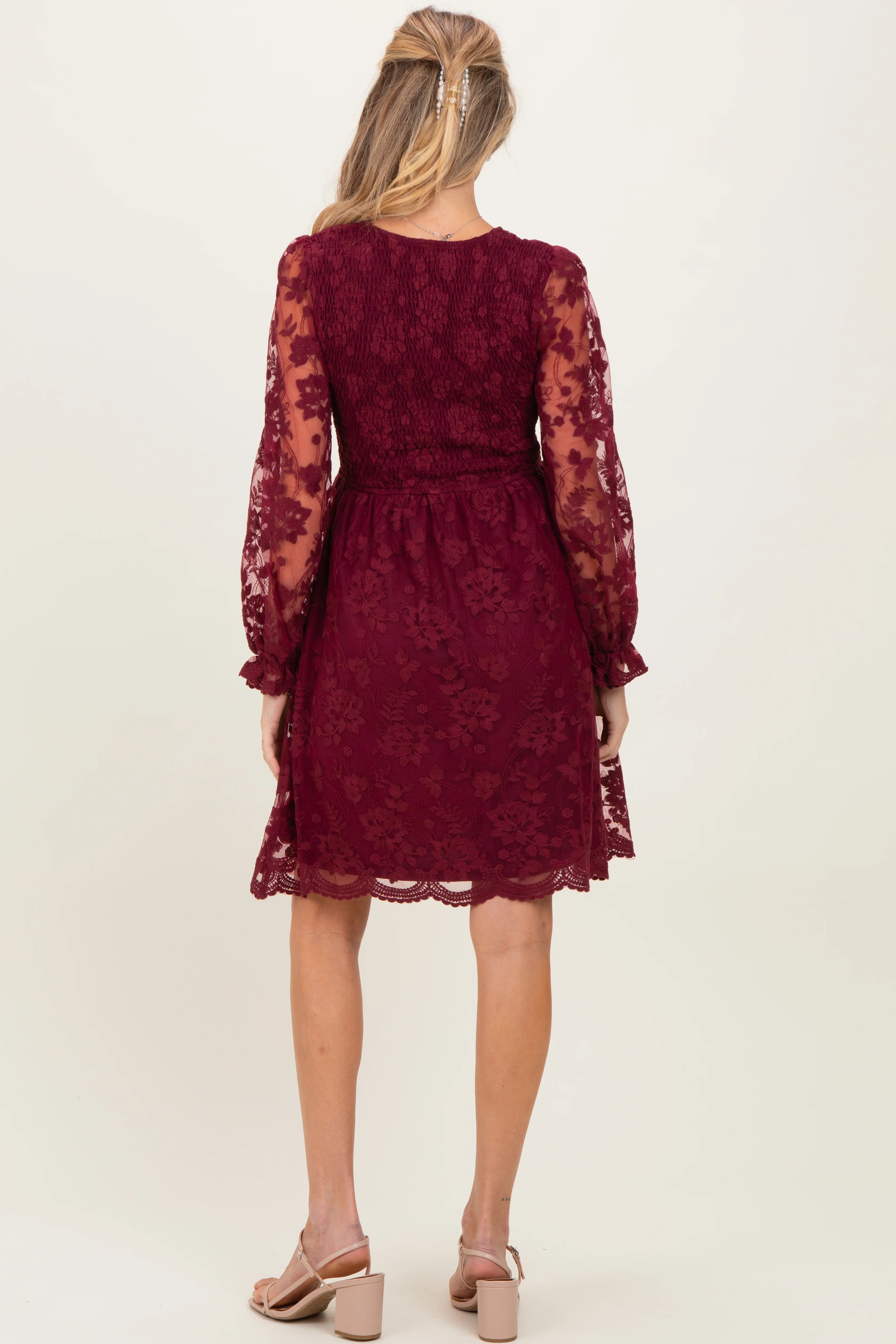 Burgundy Embroidered Lace Smocked Long Sleeve Maternity Dress - Image 5