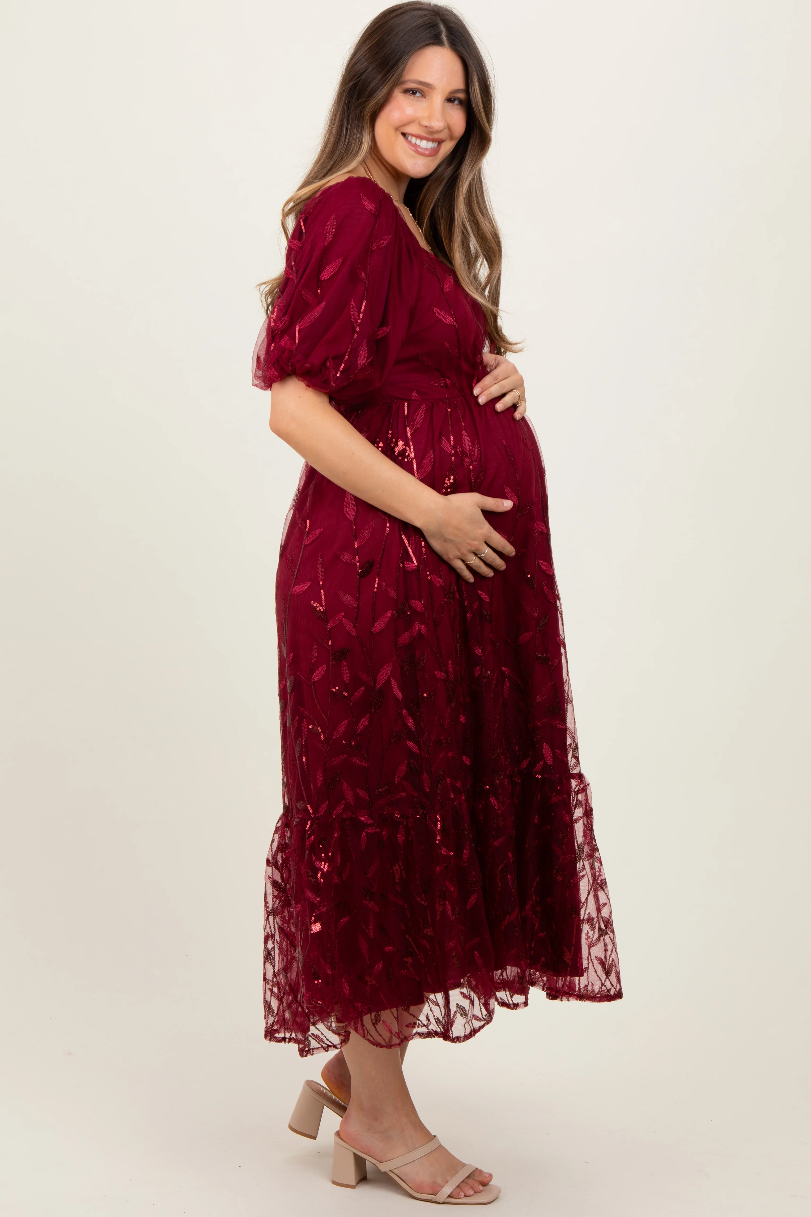 Burgundy Embroidered Sequin Detail Mesh Overlay Maternity Maxi Dress - Image 3