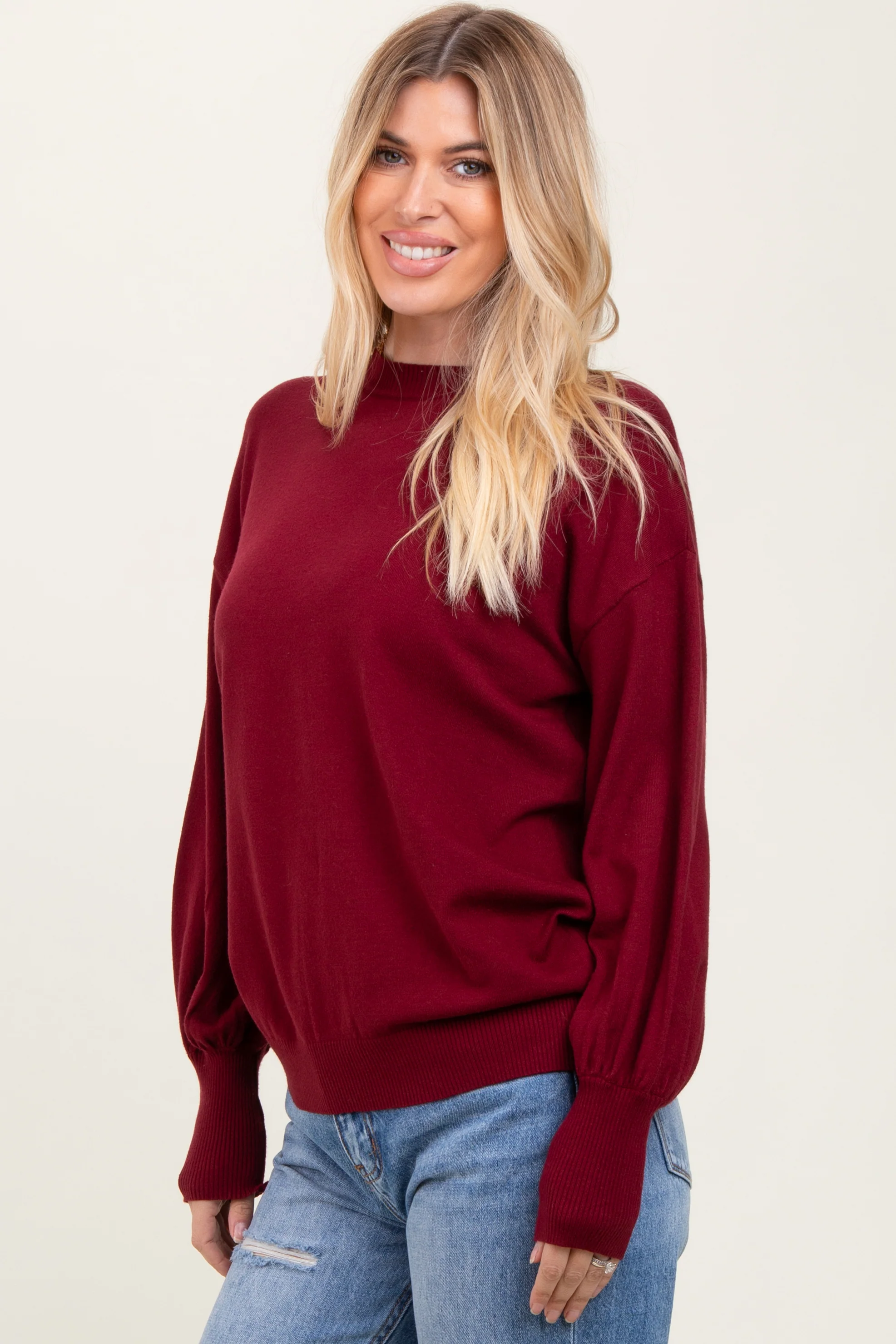 Burgundy  Fine Knit Balloon Sleeve Sweater - Image 3