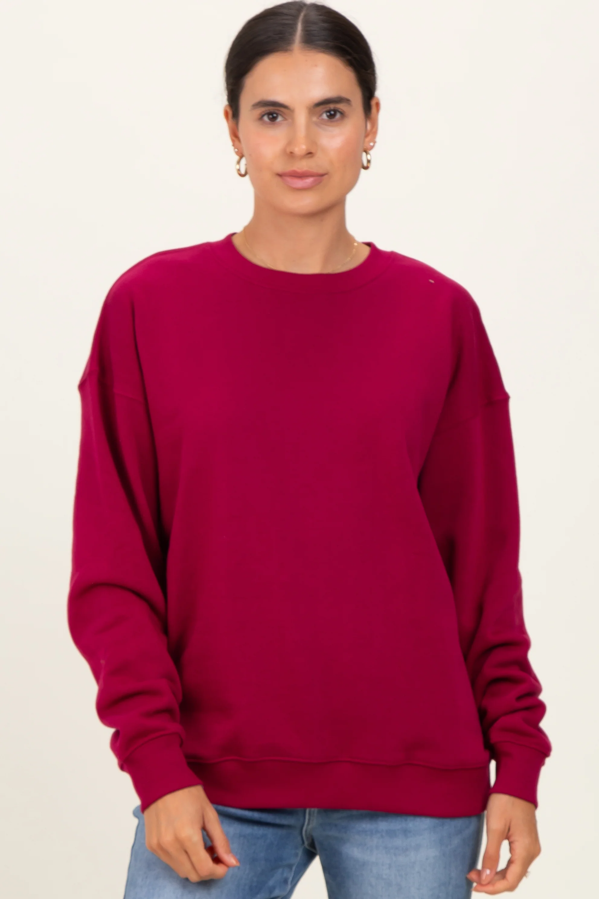 Burgundy  Fleece Crew Neck Relaxed Fit Sweatshirt - Image 2