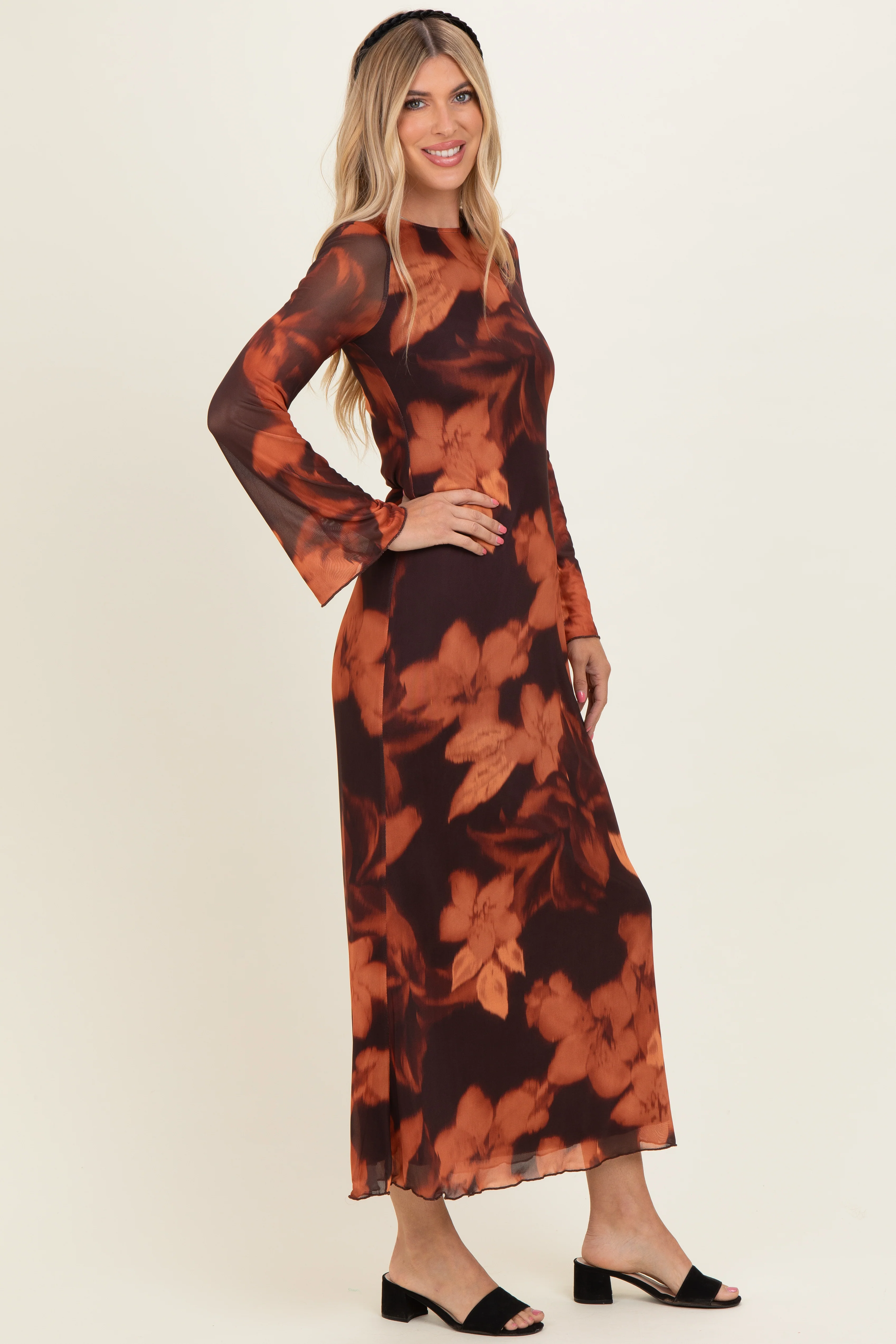 Burgundy Flora Mesh Overlay Maxi Dress - Image 2