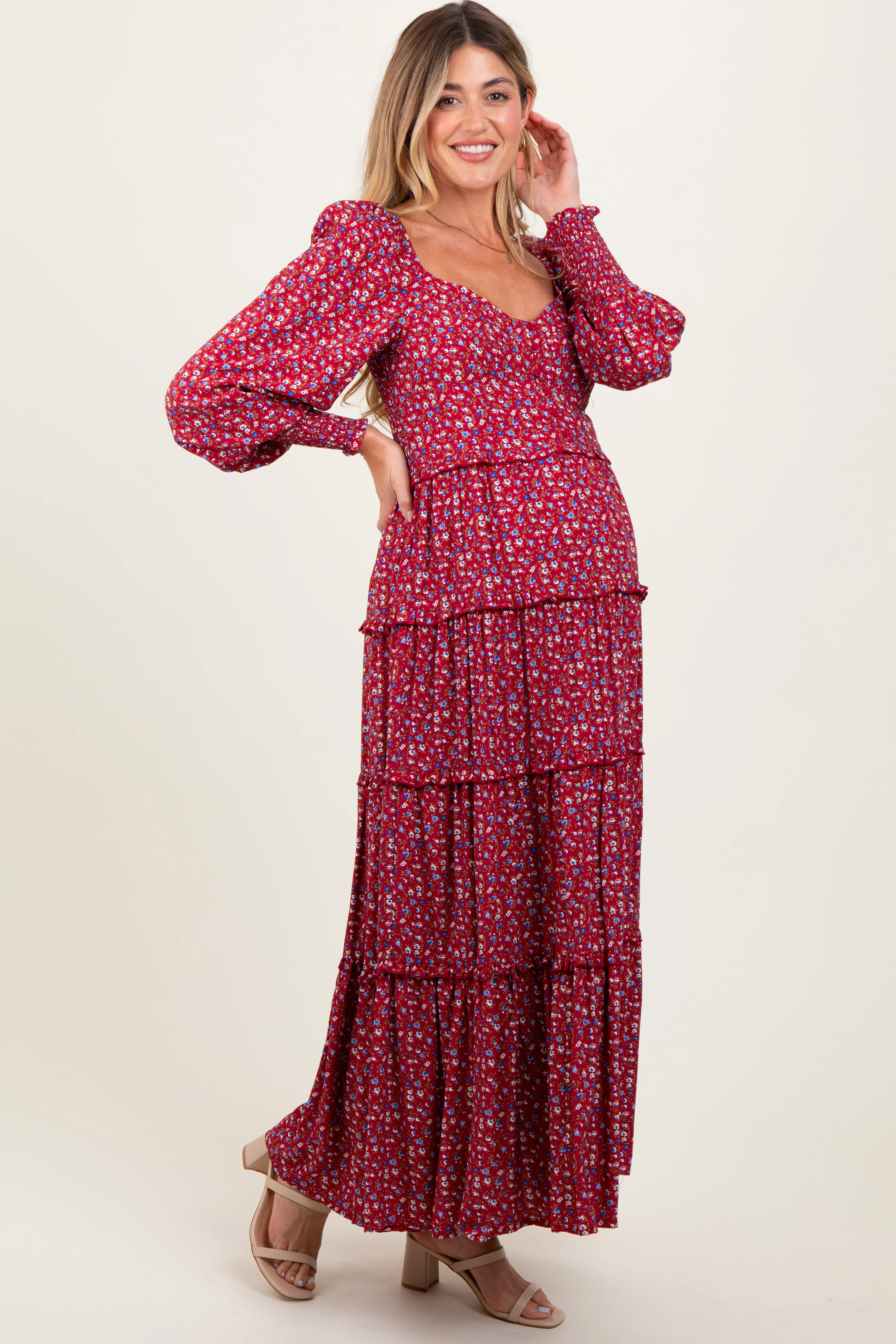 Burgundy Floral Button Accent Bodice Tiered Maternity Maxi Dress - Image 3