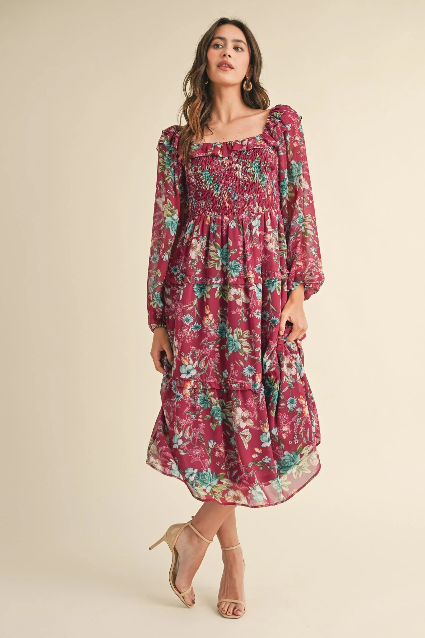 Burgundy Floral Chiffon Smocked Ruffle Tiered Maternity Midi Dress - Image 4
