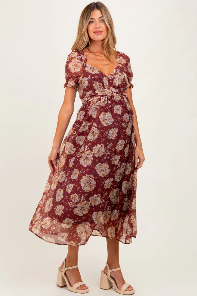 Burgundy Floral Chiffon Sweetheart Neckline Maternity Midi Dress - Image 3
