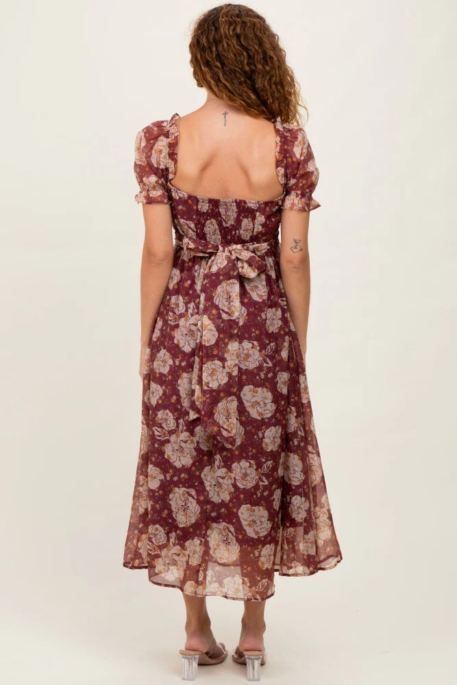 Burgundy Floral Chiffon Sweetheart Neckline Midi Dress - Image 4