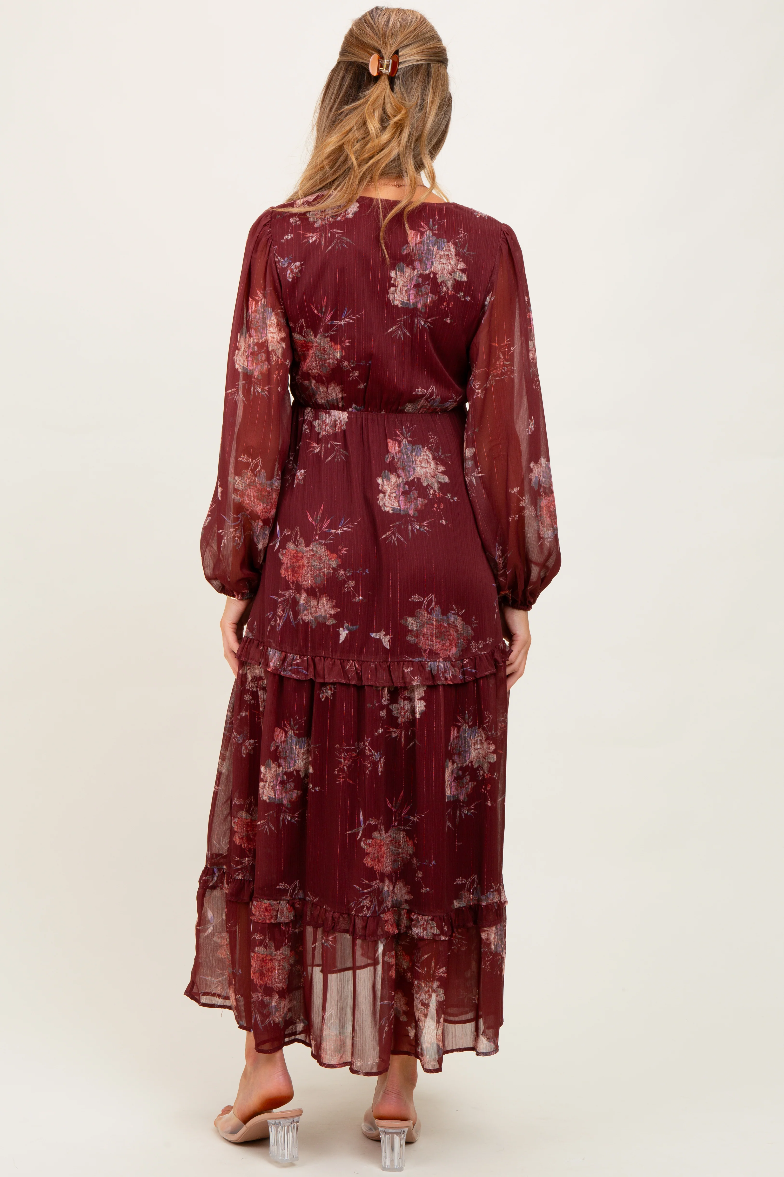Burgundy Floral Chiffon V-Neck Long Sleeve Maternity Maxi Dress - Image 3